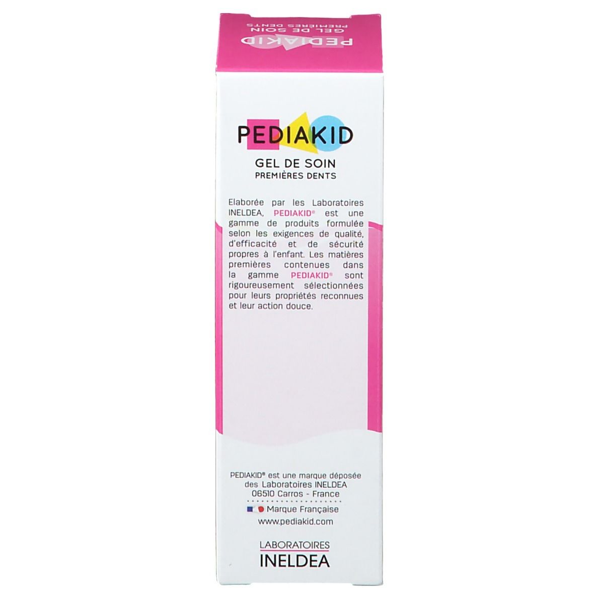 Dos de la boîte PEDIAKID Gel de soin Premières Dents. Texte: Conseils d'utilisation, 15 ml.