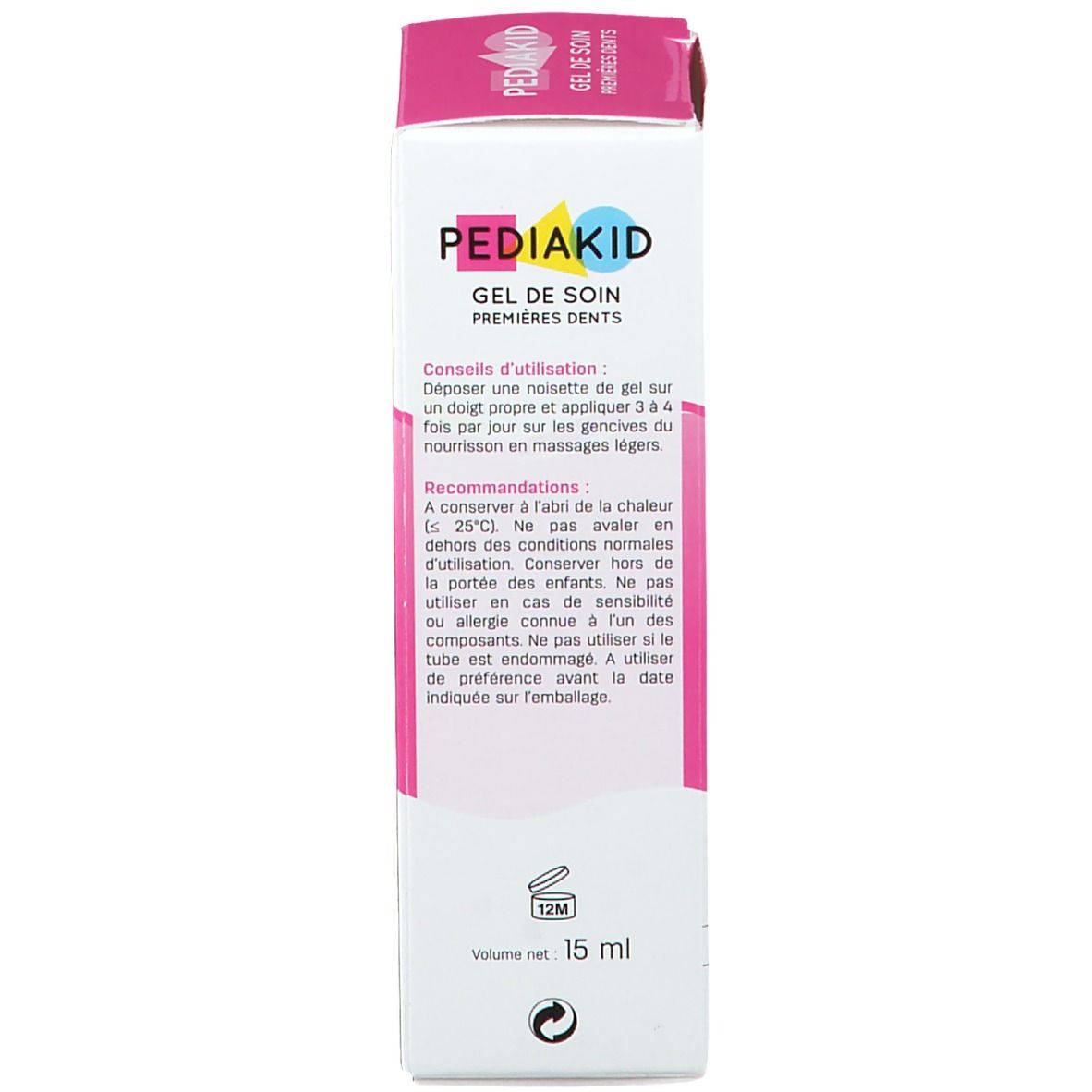 Dos de la boîte PEDIAKID Gel de soin Premières Dents. Texte: Informations fabricant, 15 ml.
