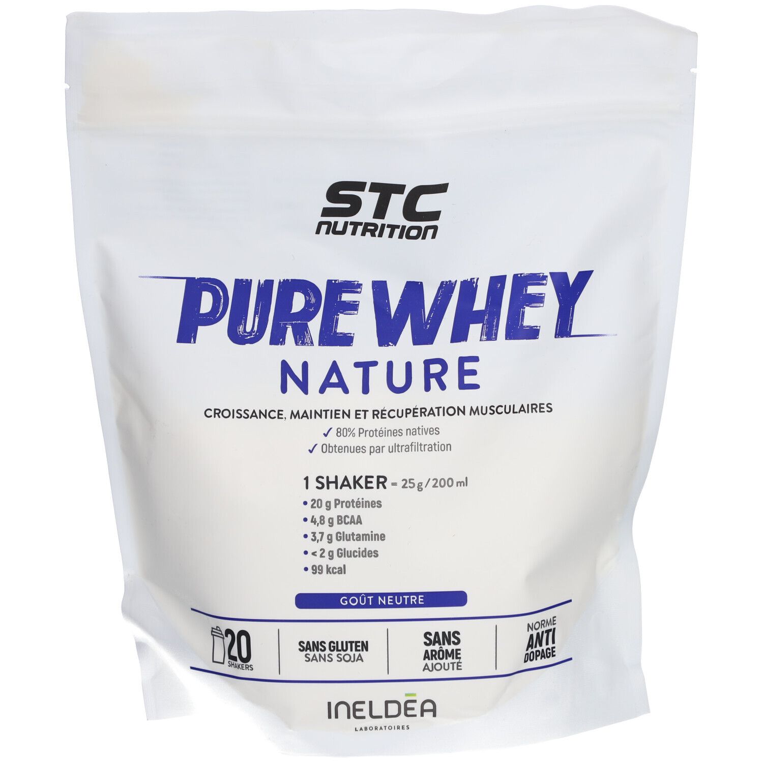 Sachet de STC Nutrition Pure Whey Nature. Texte principal : Pure Whey Nature. Contient 1 shaker. Sans gluten, soja ni arômes.