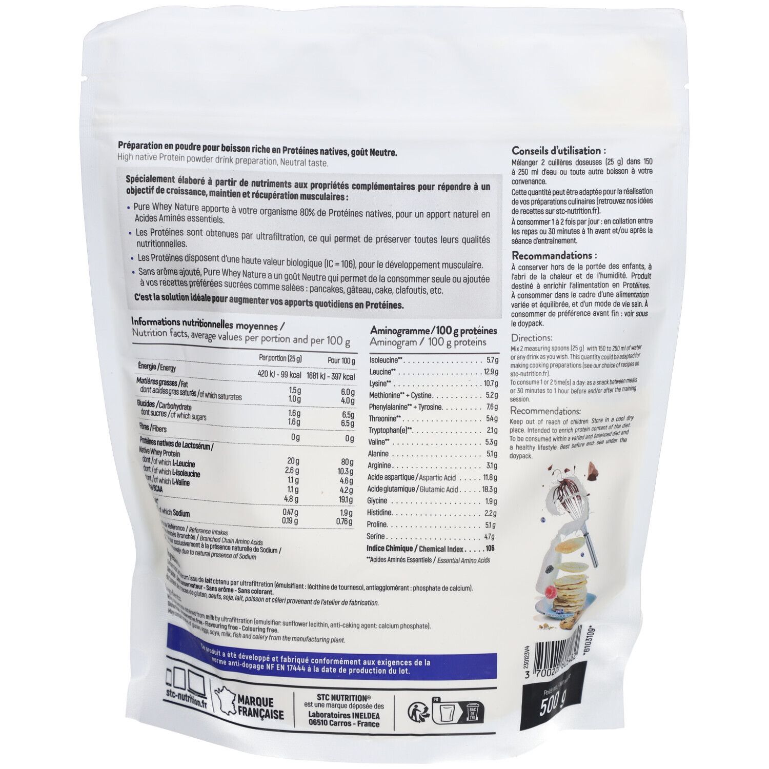 Dos du sachet STC Nutrition Pure Whey Nature. Contient informations nutritionnelles et conseils d'utilisation. 500g.