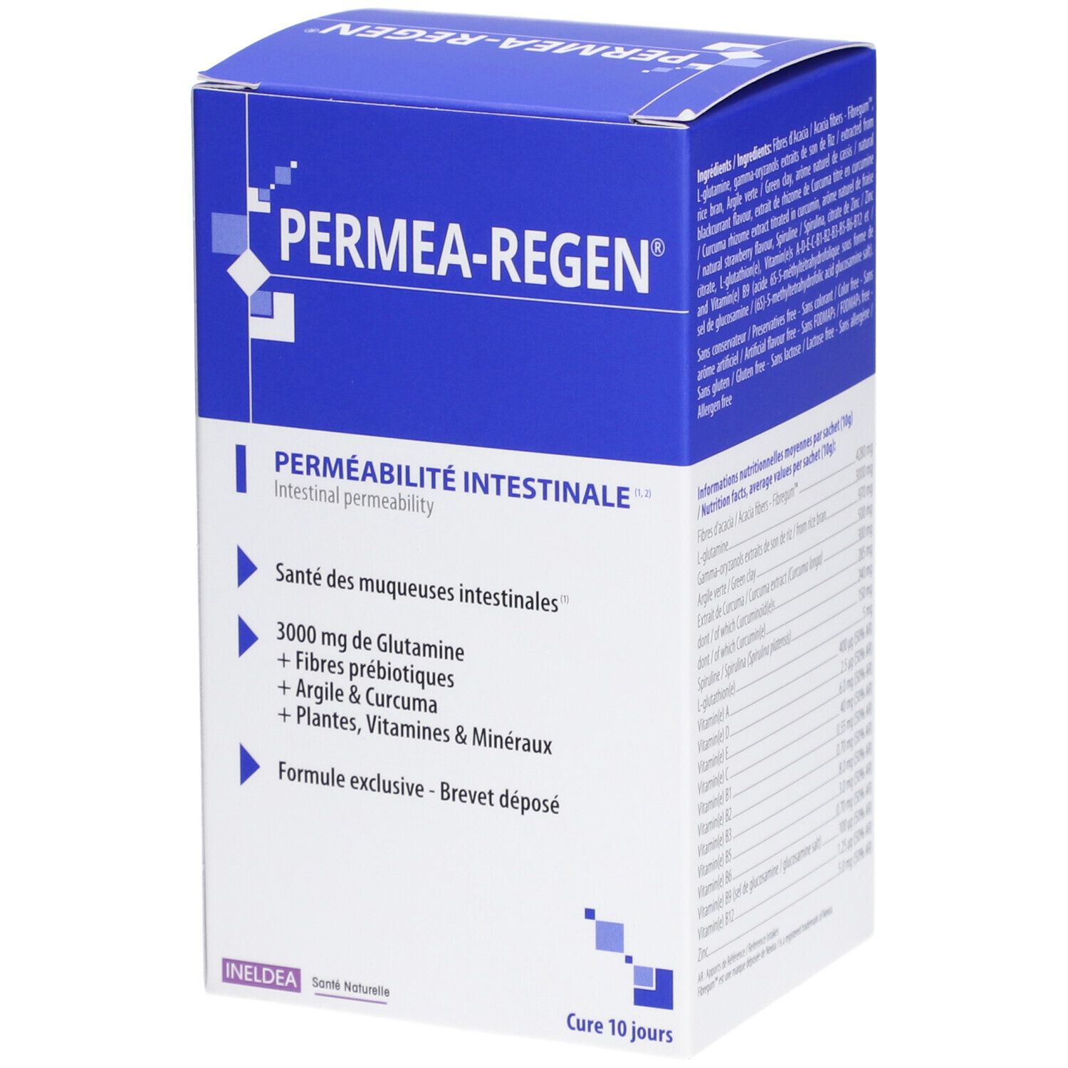 Boîte bleue avec texte. Nom du produit, ingrédients et cure de 10 jours. Logo Ineldea. Emballage bleu.