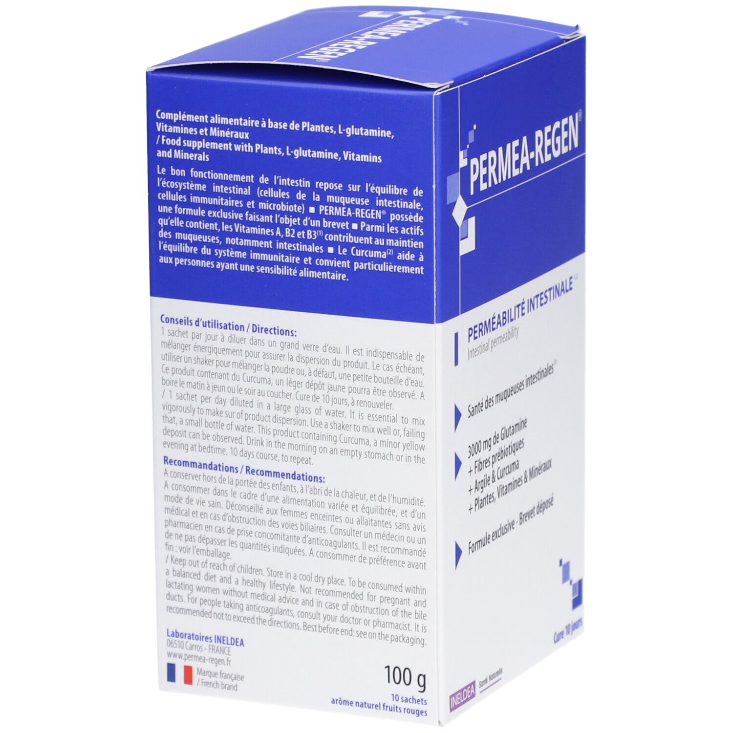 Boîte avec texte. Nom du produit, ingrédients, 100g, 10 sachets. Logo Ineldea. Emballage bleu.