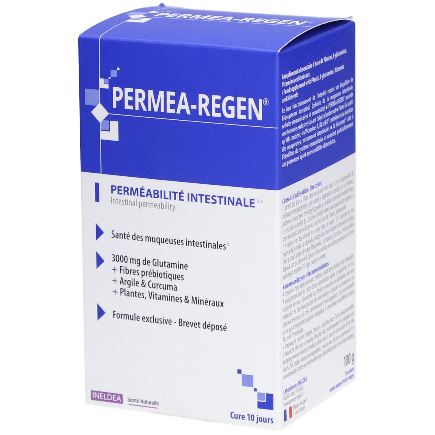Boîte avec texte. Nom du produit, ingrédients, 100g, 10 sachets. Logo Ineldea. Emballage bleu.