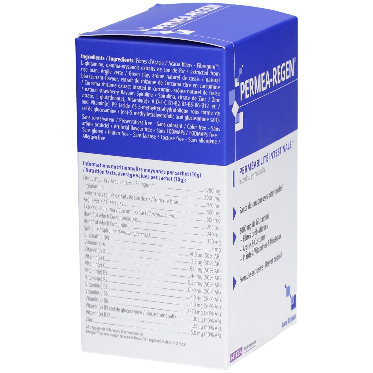 Boîte avec texte. Nom du produit, ingrédients, informations nutritionnelles. Logo Ineldea. Emballage bleu.