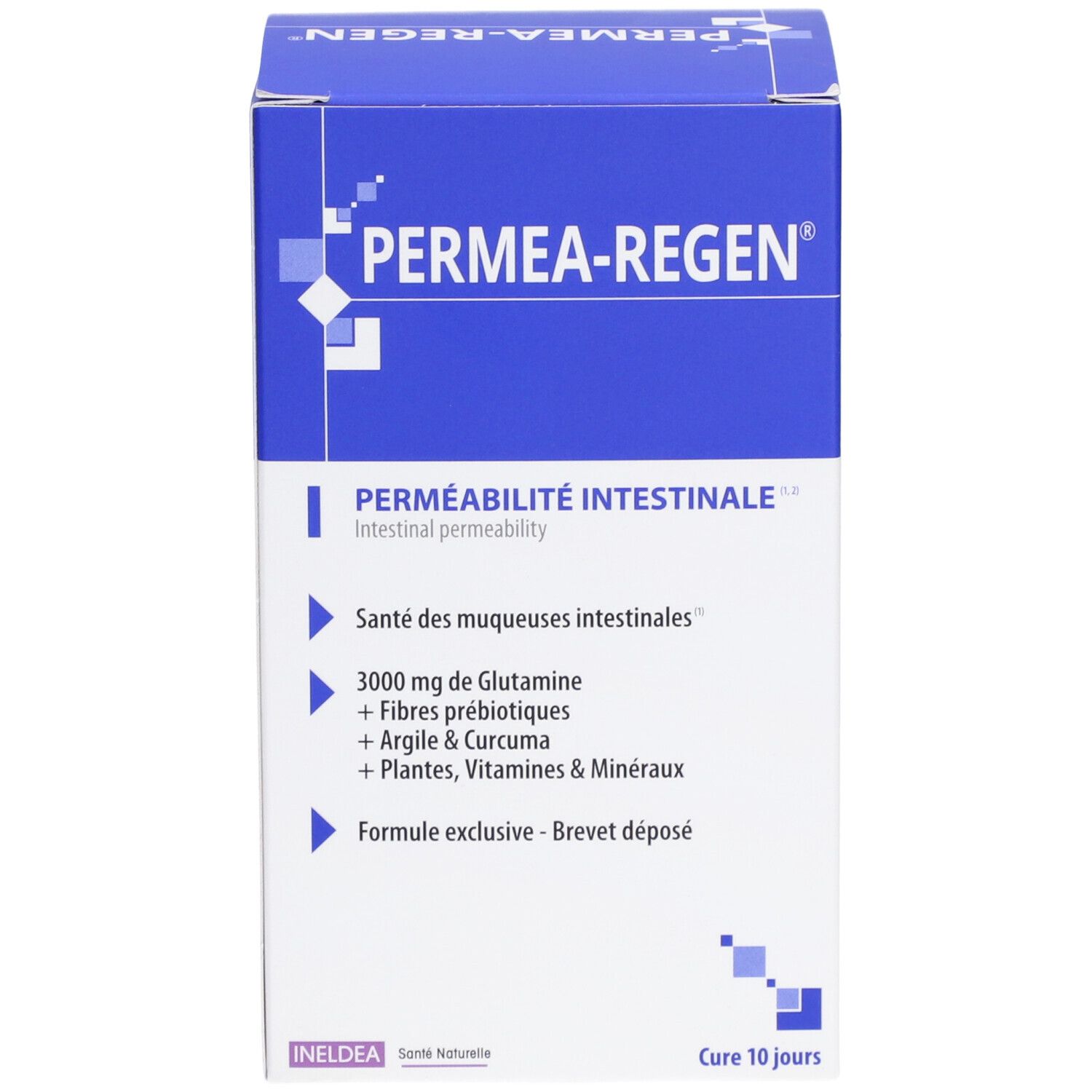 Boîte bleue avec texte. Nom du produit, ingrédients et cure de 10 jours. Logo Ineldea. Emballage bleu.