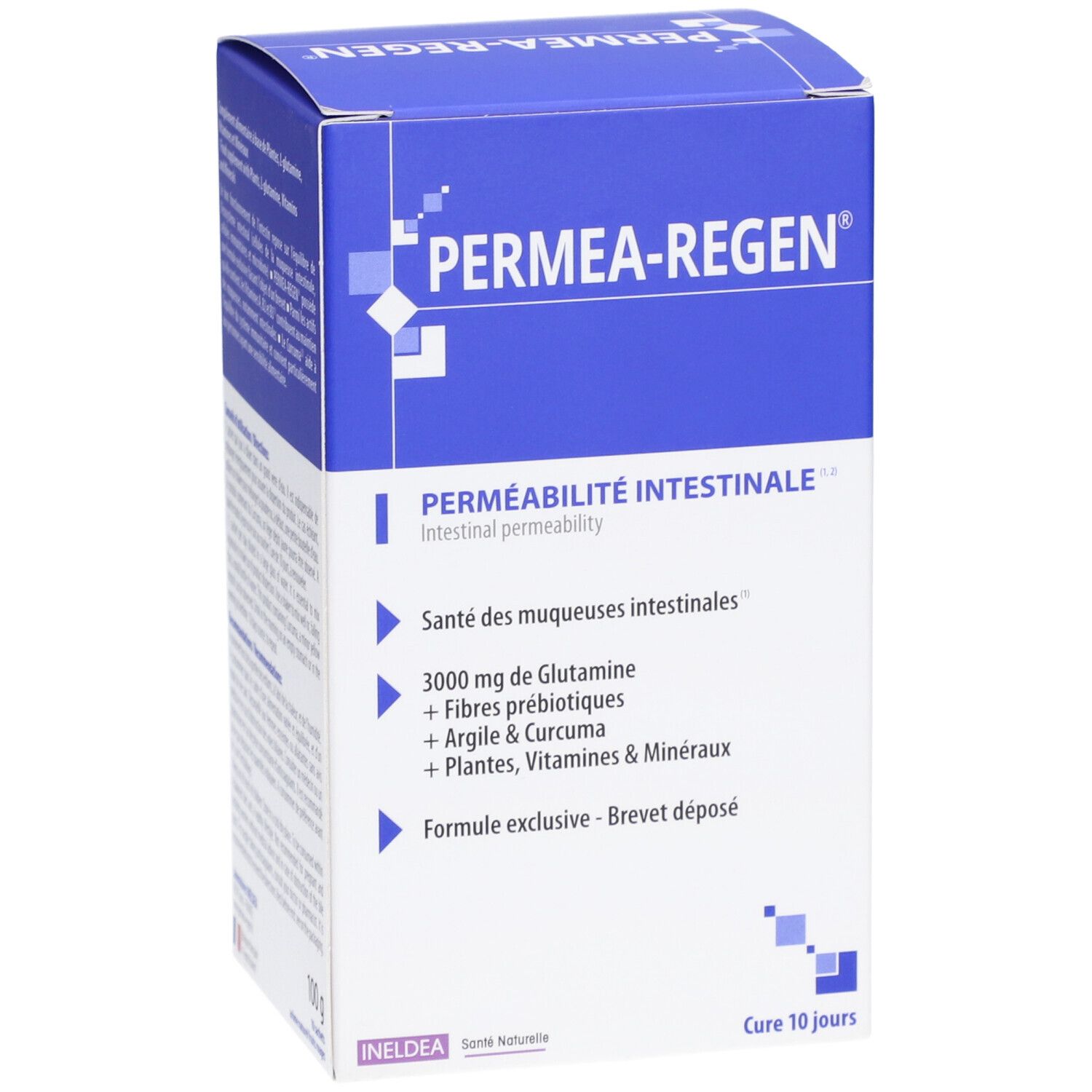 Boîte bleue avec texte. Nom du produit, ingrédients et cure de 10 jours. Logo Ineldea. Emballage bleu.