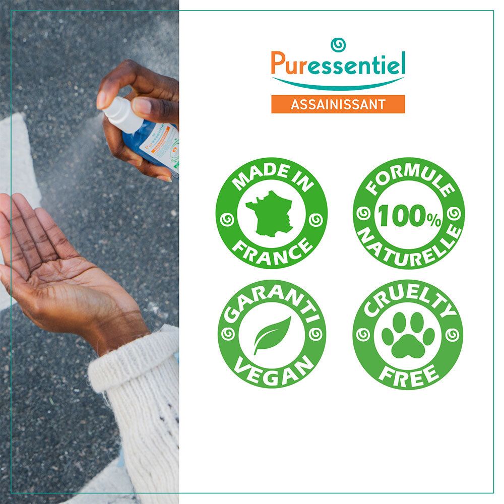 Spray Puressentiel : Fabriqué en France, formule 100% naturelle, vegan, cruelty-free.