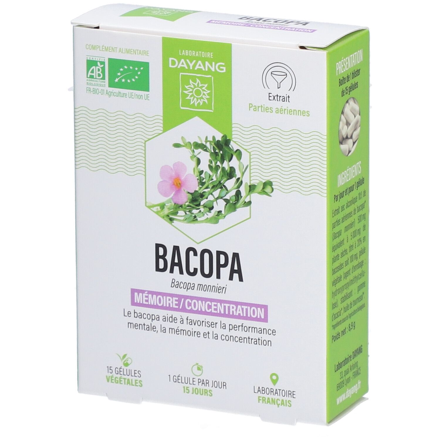 Boîte de complément alimentaire Bacopa. Inscription: Bacopa, Mémoire/Concentration, 15 gélules, label AB bio.