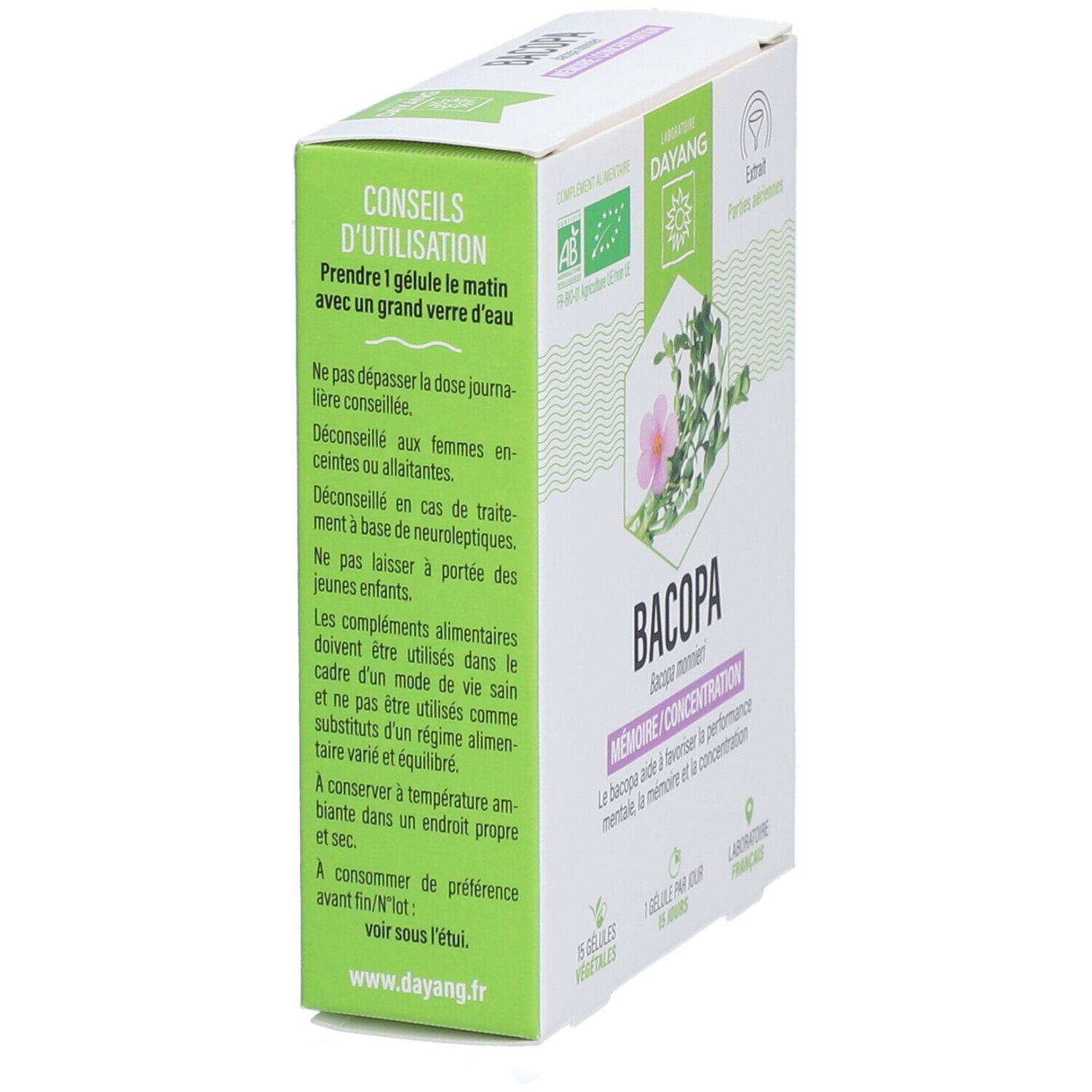 Vue latérale de l'emballage Bacopa. Texte: Conseils d'utilisation, label AB bio, Bacopa, Mémoire/Concentration.