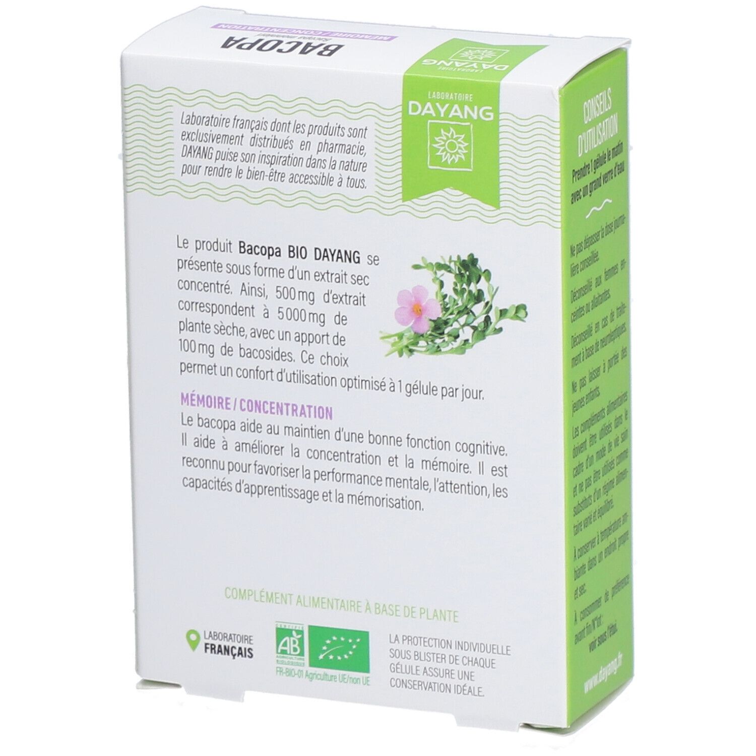 Dos de l'emballage Bacopa. Texte: Bacopa BIO DAYANG, Mémoire/Concentration, label AB bio, Laboratoire Français.