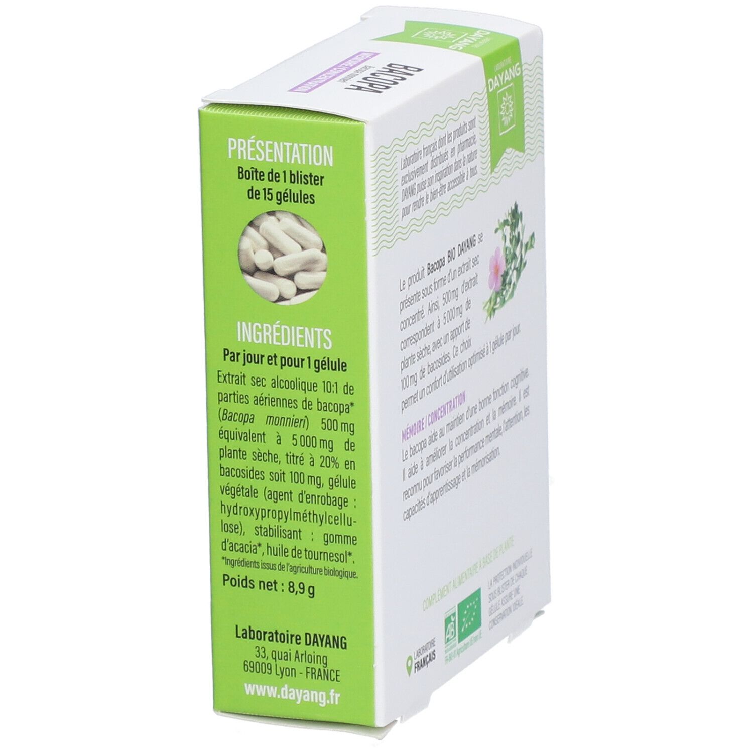 Vue latérale de l'emballage Bacopa. Texte: Présentation, Ingrédients, 15 gélules, Laboratoire DAYANG, poids 8,9 g.
