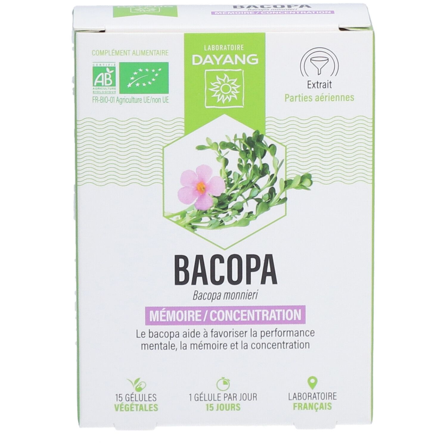 Vue de face de l'emballage Bacopa. Texte: Bacopa, Mémoire/Concentration, 15 gélules végétales, Laboratoire Français.
