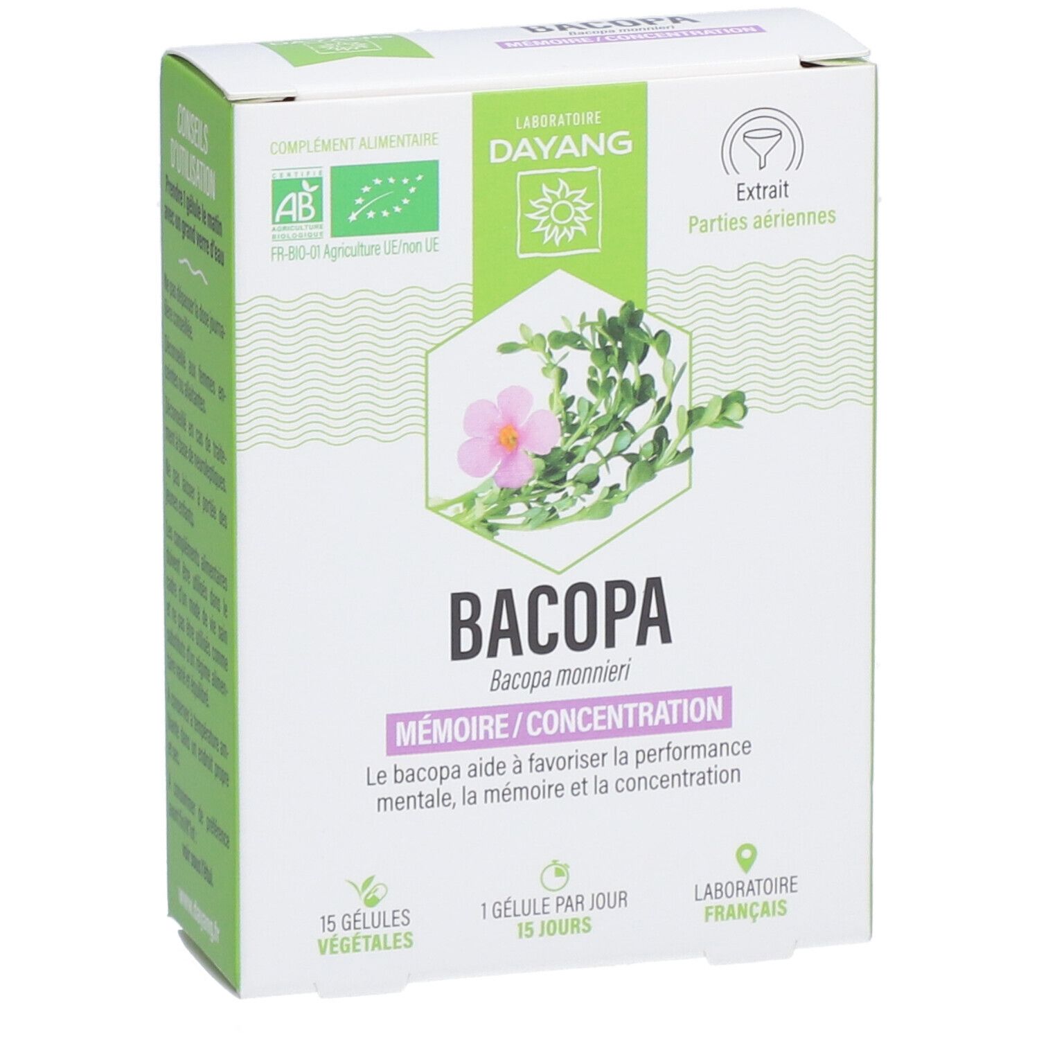 Vue de face de l'emballage Bacopa. Texte: Bacopa, Mémoire/Concentration, 15 gélules végétales, Laboratoire Français.