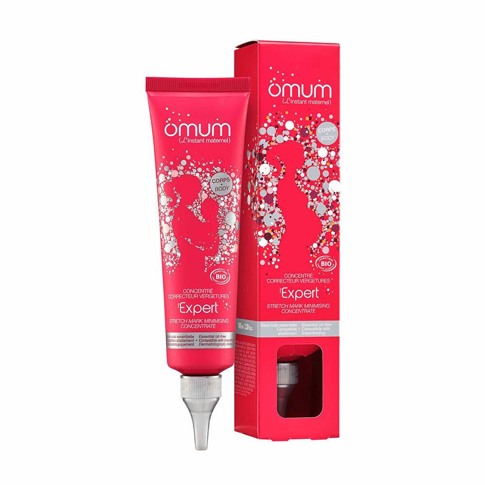 Omum Expert concentré dans un tube rouge avec applicateur et sa boîte. Silhouette de femme enceinte.
