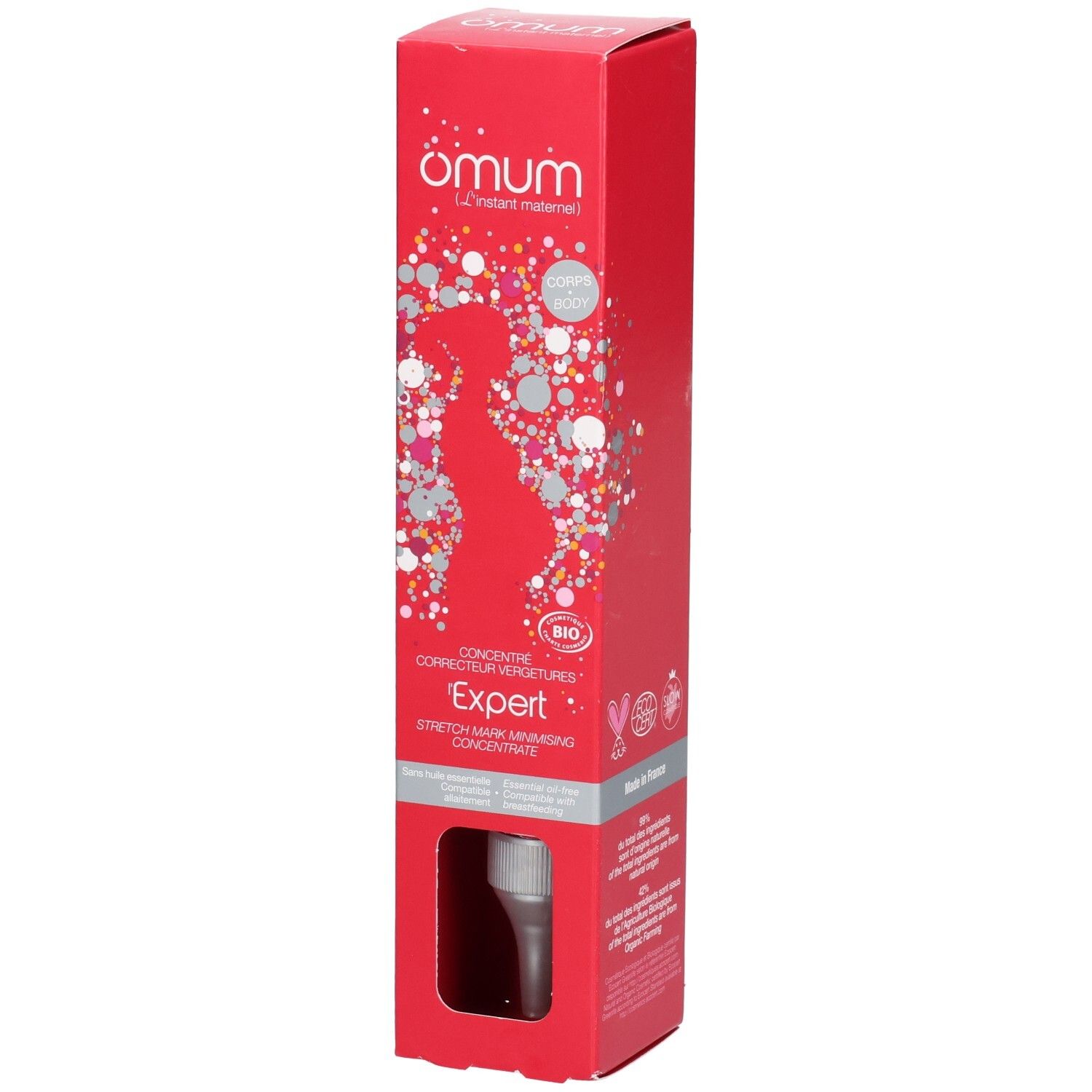 Boîte Omum Expert concentré. Silhouette d'une femme enceinte.