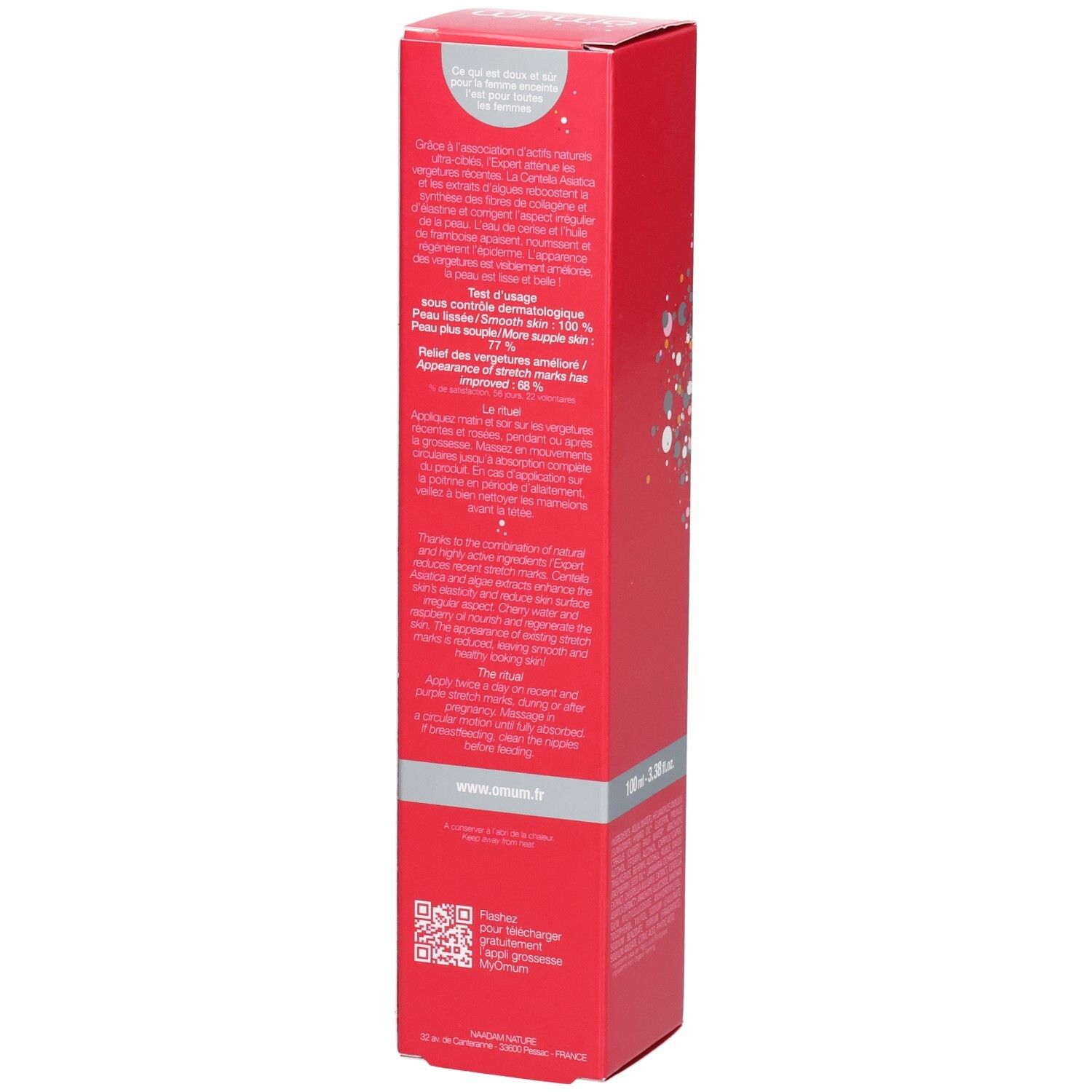 Boîte Omum Expert concentré. Dos avec conseils d'utilisation et ingrédients.
