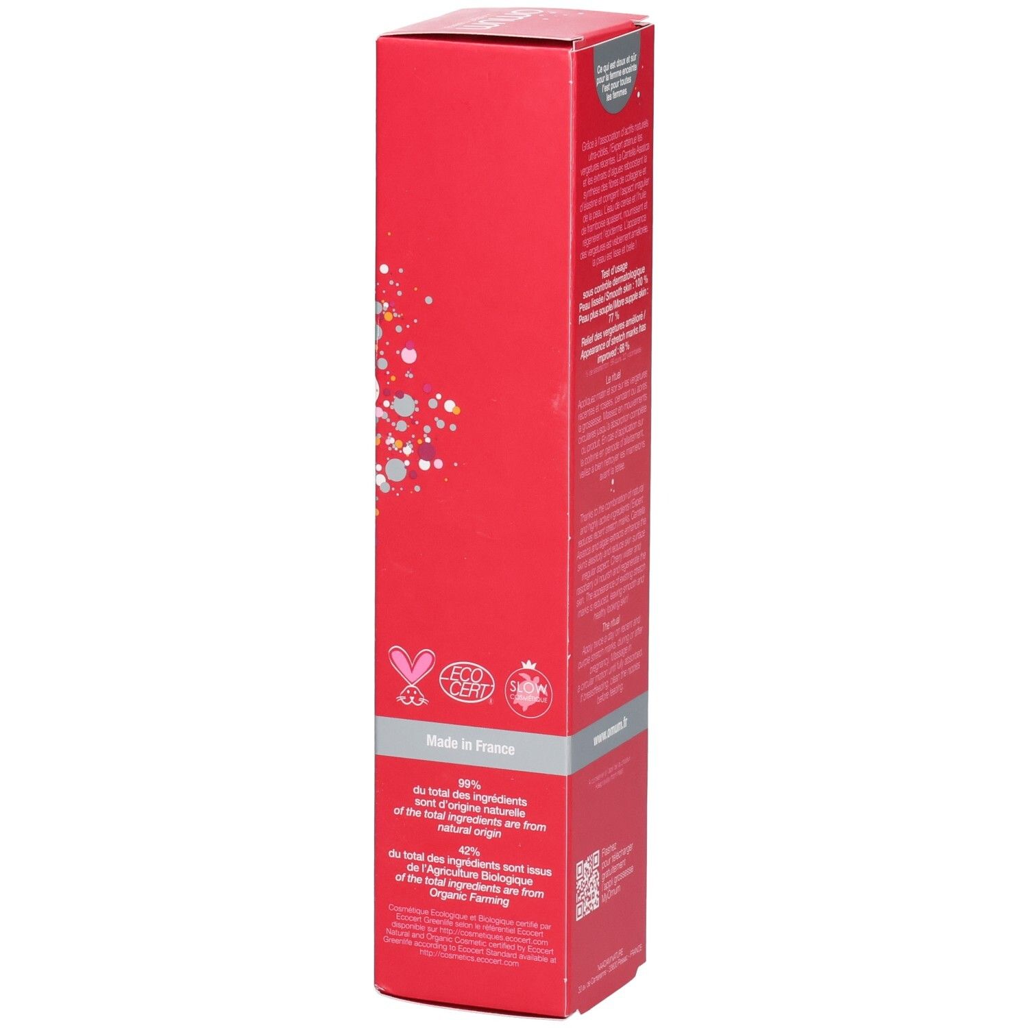 Boîte Omum Expert concentré. Côté avec certifications et informations de fabrication.