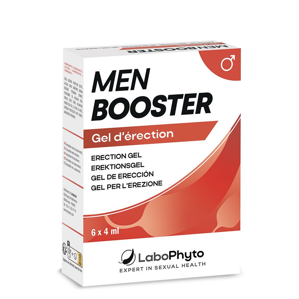 Boîte avec texte MEN BOOSTER, Gel d'érection, 6 x 4 ml. Logo LaboPhyto. Contient un symbole masculin.