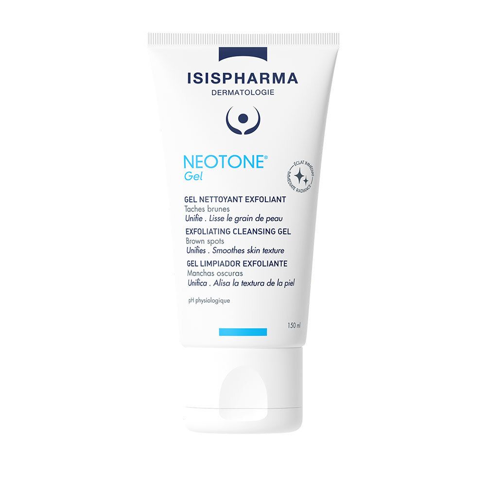 Tube blanc, écriture bleue. ISISPHARMA Neotone Gel. Gel nettoyant exfoliant. Inscriptions en anglais, français, espagnol. 150 ml.