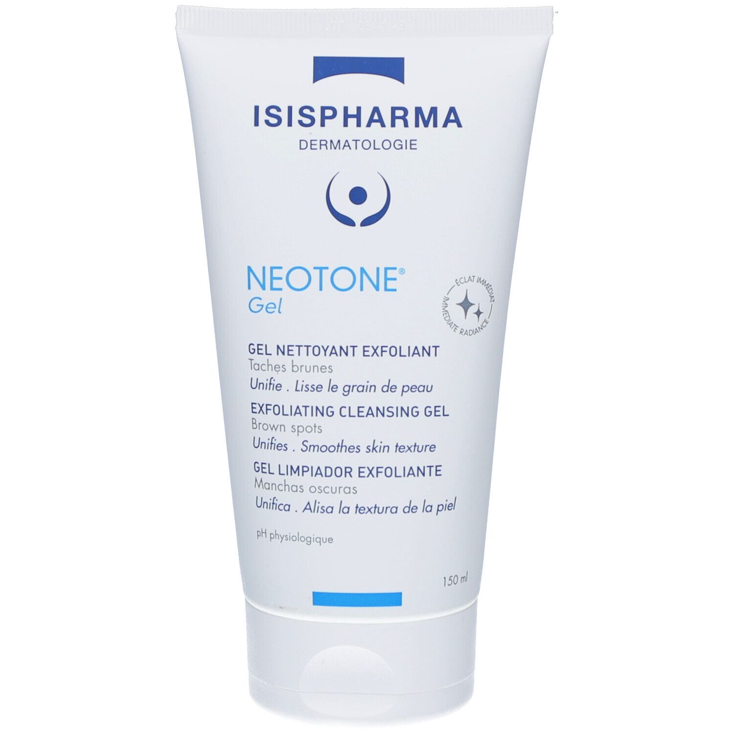 Tube blanc, écriture bleue. ISISPHARMA Neotone Gel. Gel nettoyant exfoliant. 150 ml. pH physiologique.