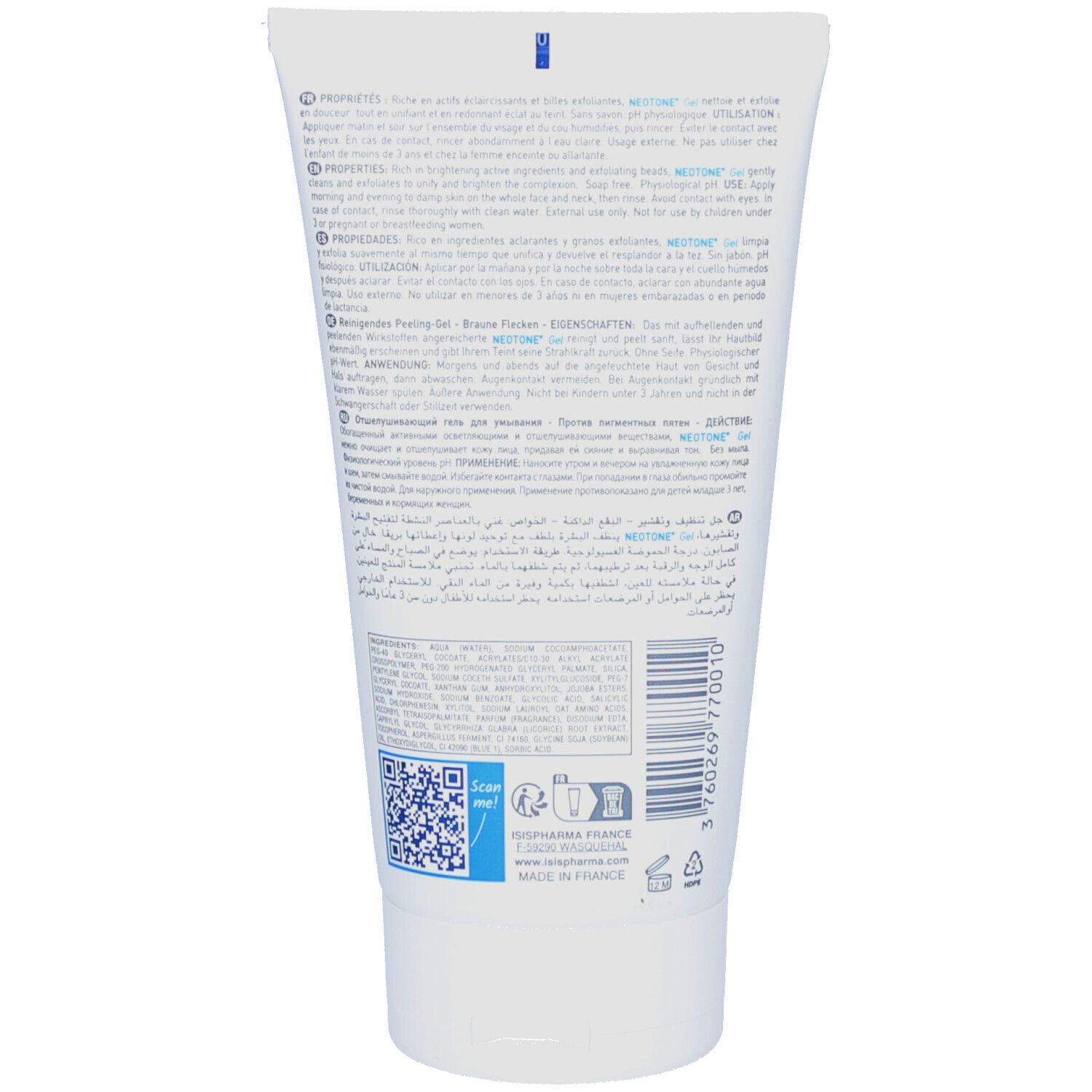 Dos du tube. Texte multilingue. Ingrédients, code QR, informations de production. Fond blanc.