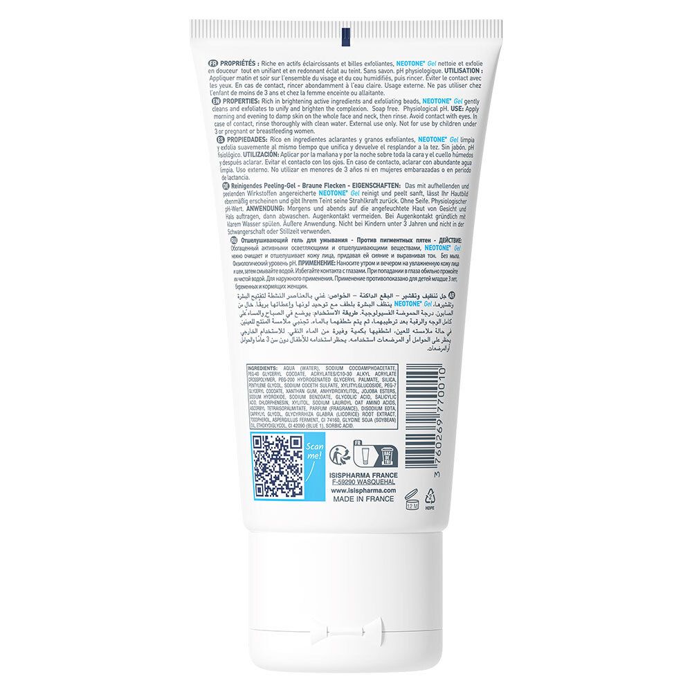 Dos du tube. Texte multilingue. Ingrédients, code QR, informations de production. Fond blanc.