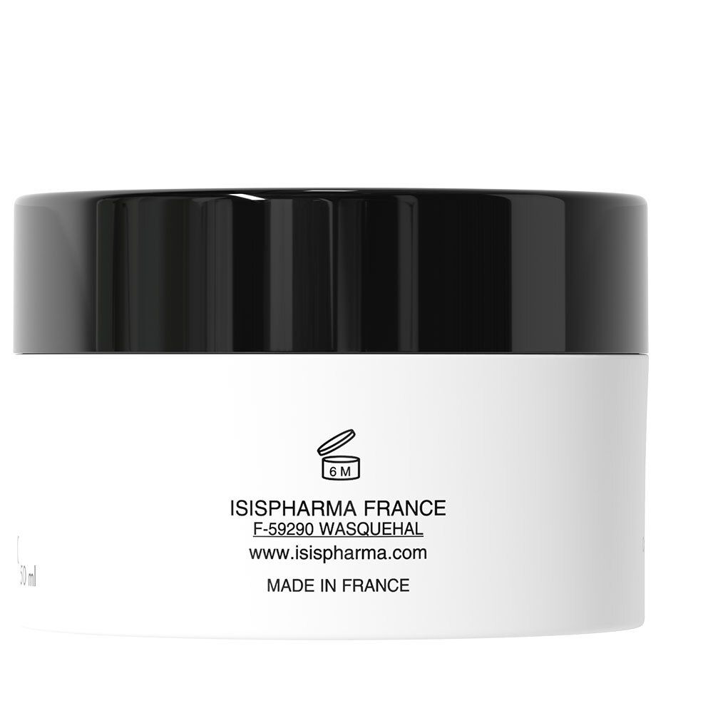 Pot de crème avec couvercle noir. Inscription: ISISPHARMA FRANCE, www.isispharma.com, 6M.