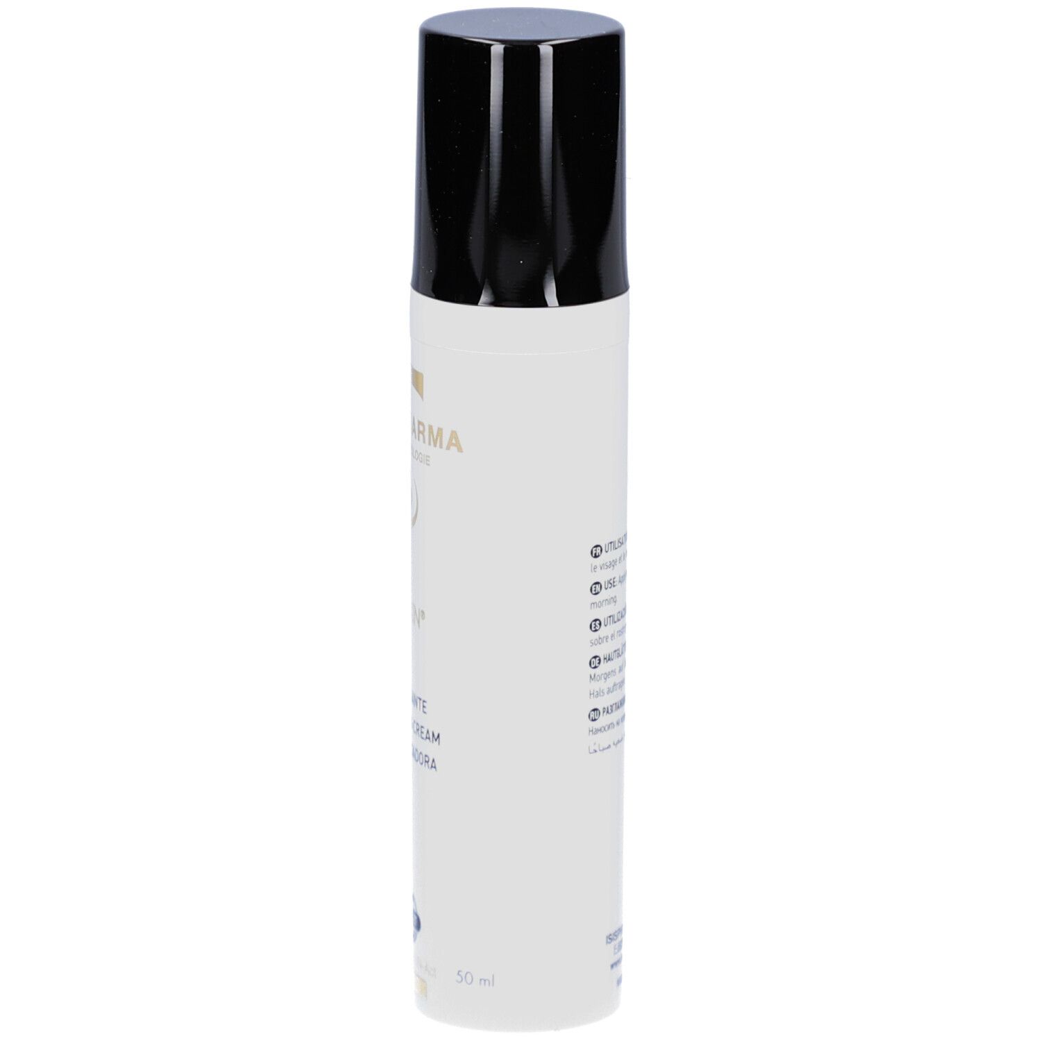 Tube blanc avec bouchon noir. Inscriptions: ISISPHARMA, GENESKIN Lift, Crème lissante, Smoothing Cream, Crema alisadora.