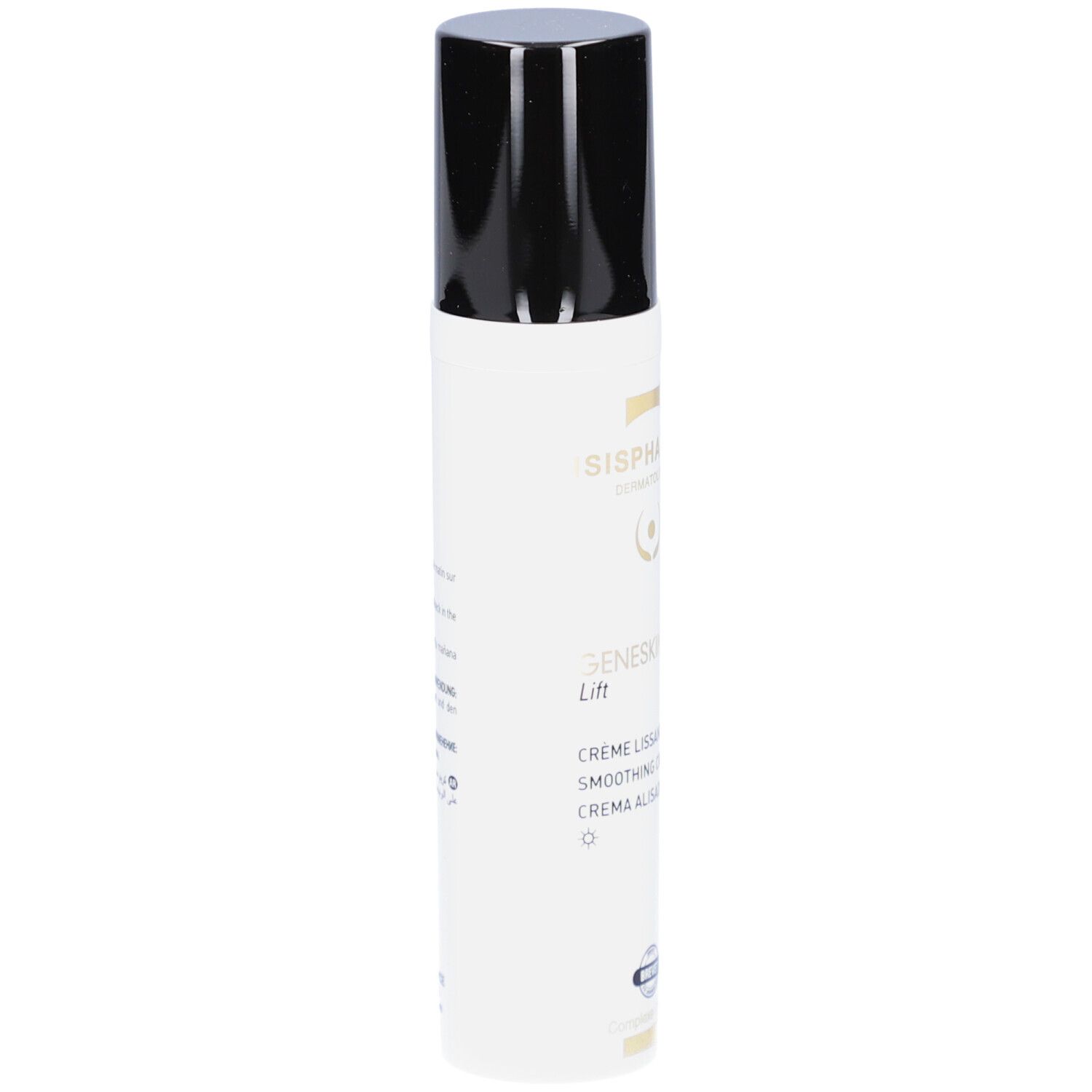 Tube blanc avec bouchon noir. Verso avec texte multilingue. ISISPHARMA, France, www.isispharma.com.