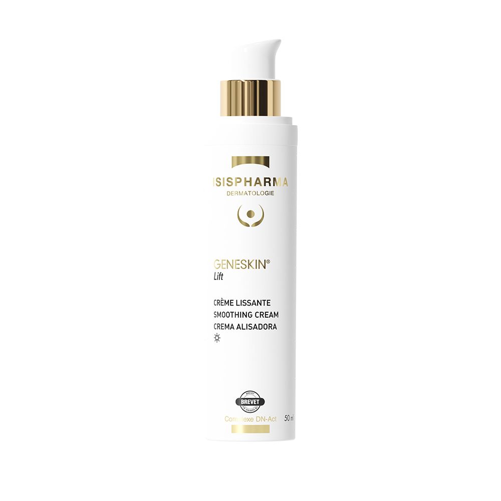 Tube blanc avec pompe dorée et bouchon noir. Inscription: ISIPHARMA, Geneskin Lift, Crème lissante.