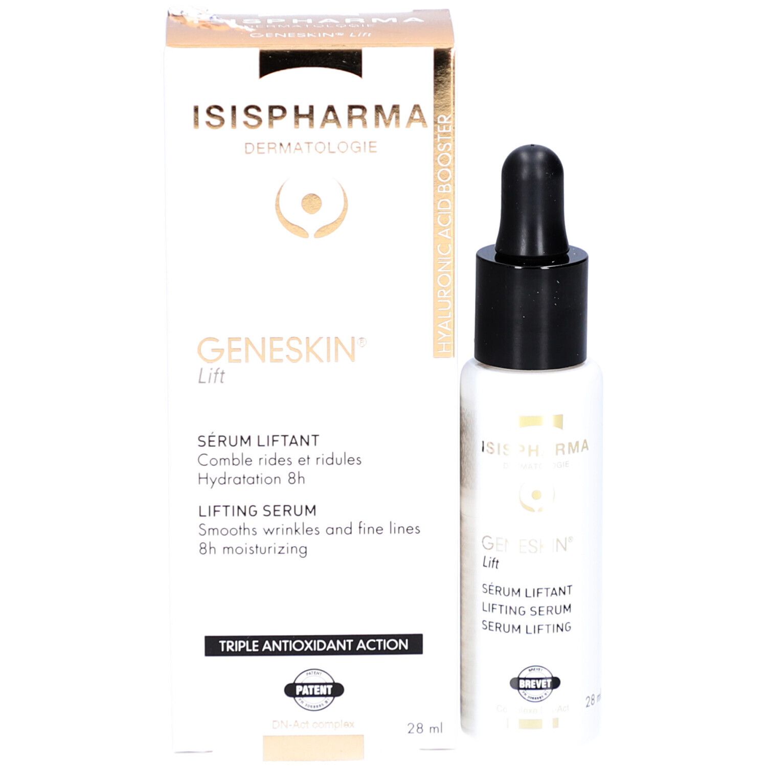 Emballage et flacon de sérum. Inscription: Geneskin Lift, Lifting Serum. Marque: ISISPHARMA. Avec pipette.