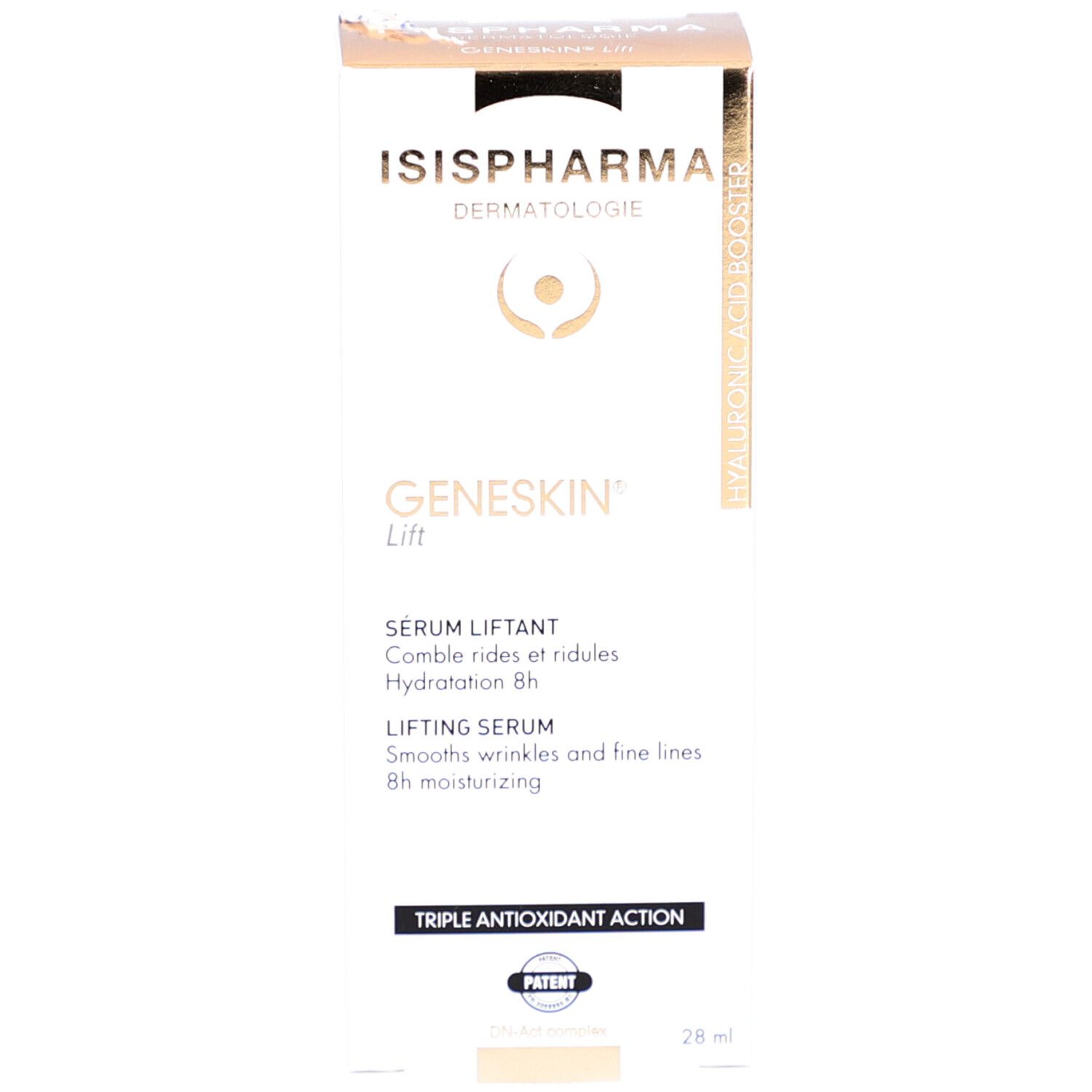 Emballage du produit. Inscription: Geneskin Lift, Lifting Serum. Marque: ISISPHARMA. Avec pipette.