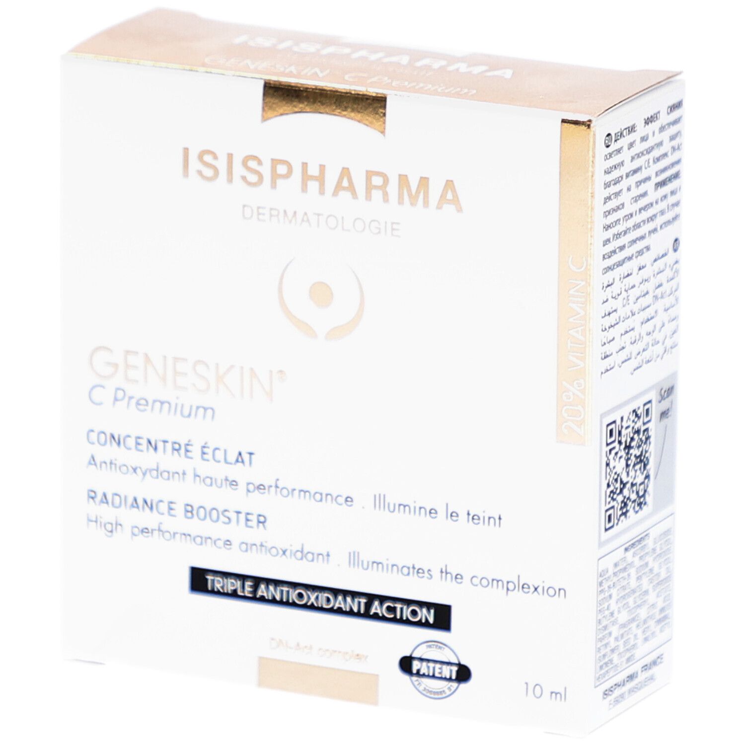 Boîte blanche avec informations produit. Marque et nom du produit imprimés. 10 ml.