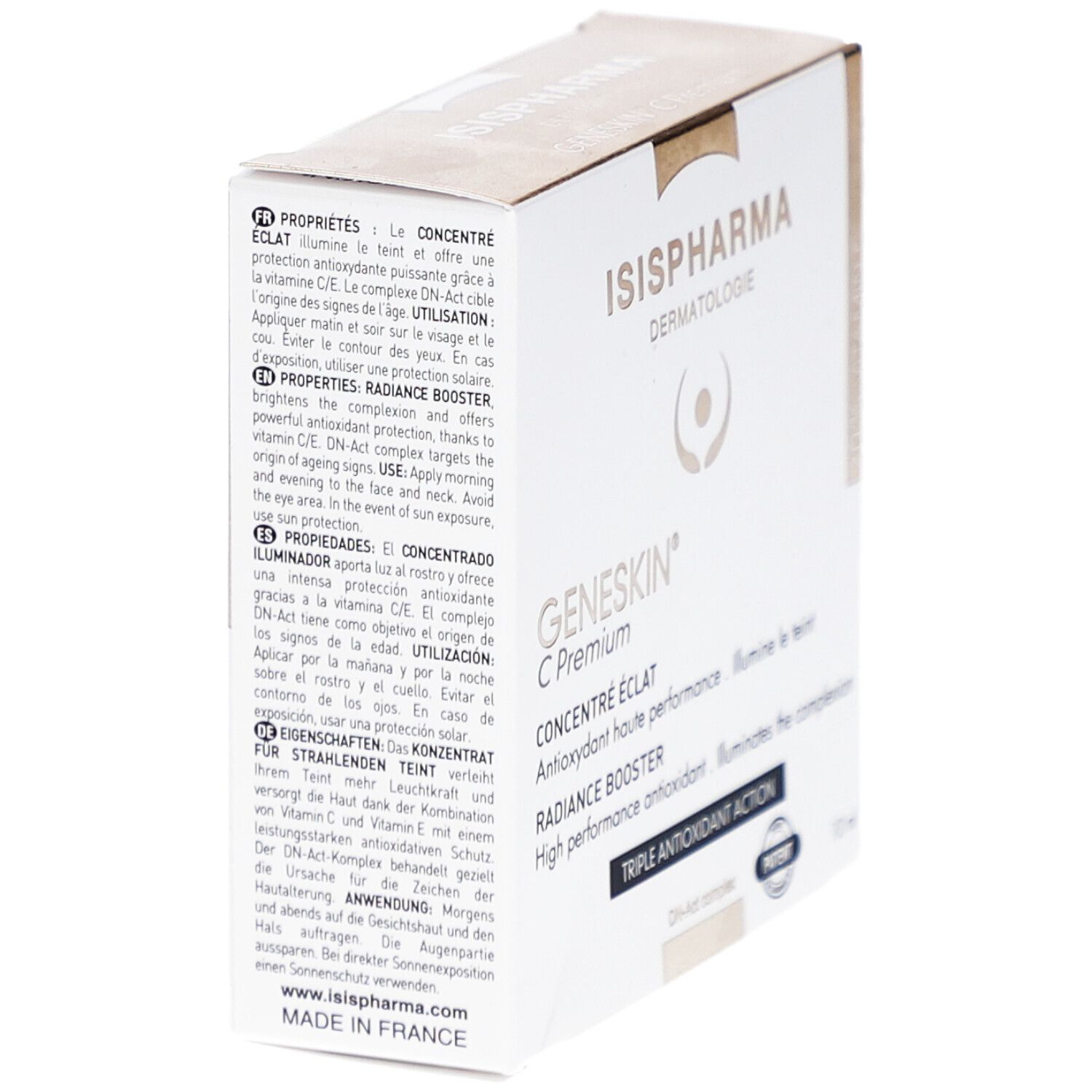 Boîte avec informations produit. Marque et nom du produit imprimés. Logo brevet.