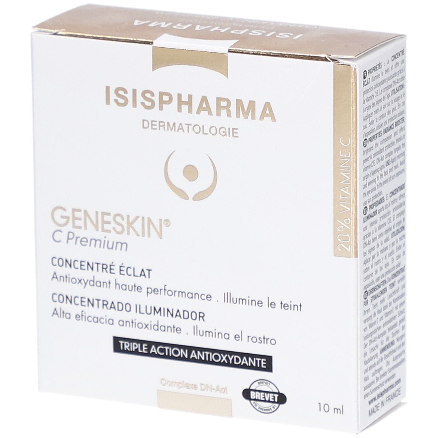 Boîte blanche avec informations produit. Marque et nom imprimés. 10 ml. Code QR.