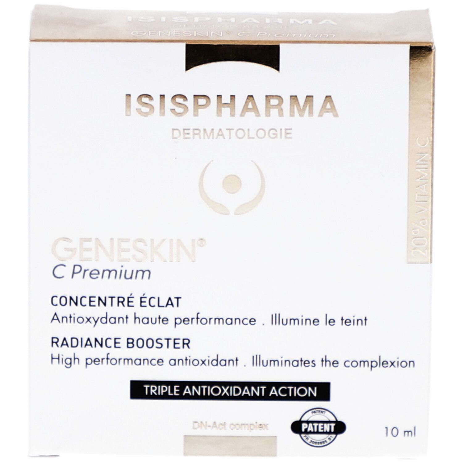 Boîte blanche avec informations produit. Marque et nom imprimés. Logo brevet.