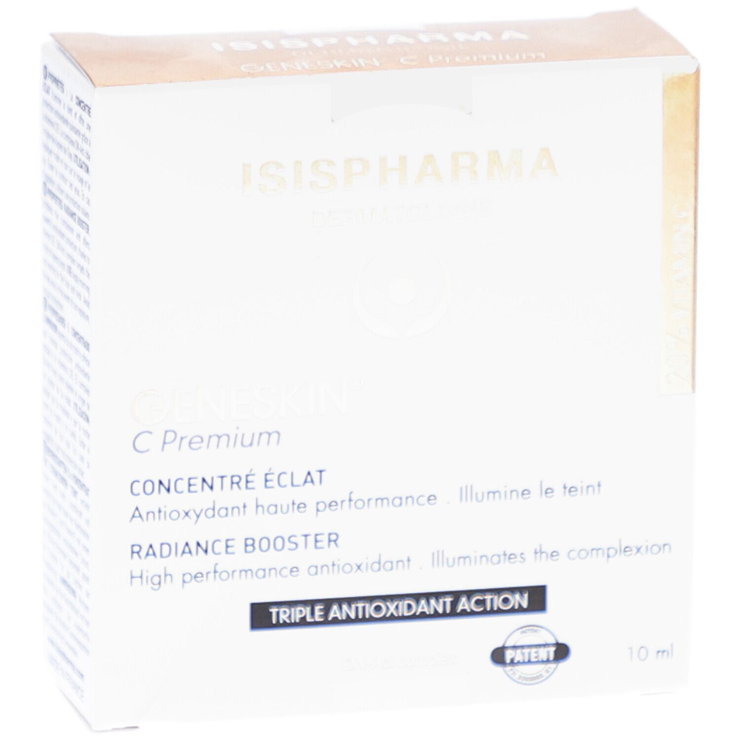 Boîte blanche avec informations produit. Marque et nom imprimés. 10 ml.