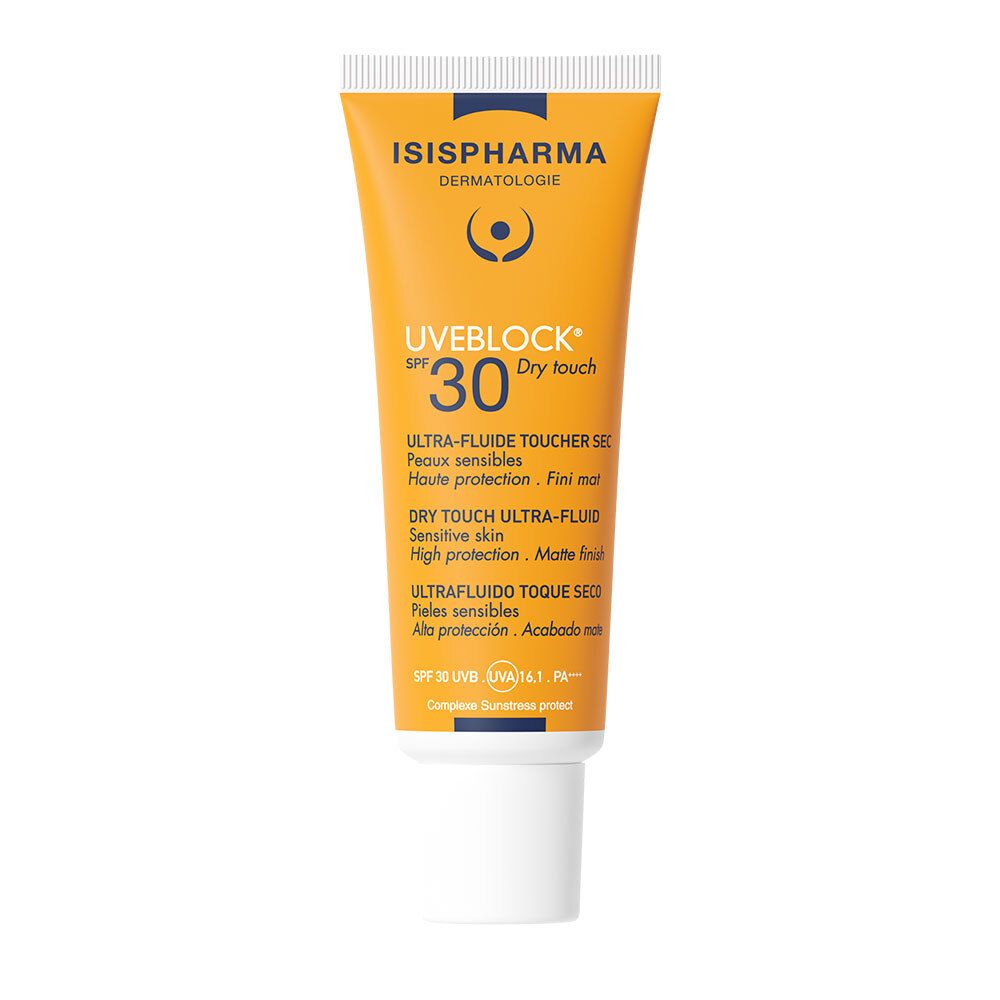 Tube jaune ISISPHARMA Uveblock SPF 30. Texte: Dry touch, Ultra-fluide, Peaux sensibles. Bouchon blanc.