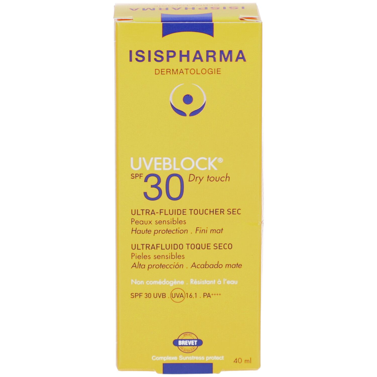 Face avant de la boîte ISISPHARMA Uveblock SPF 30. Jaune, texte: Dry touch, Ultra-fluide, SPF 30.