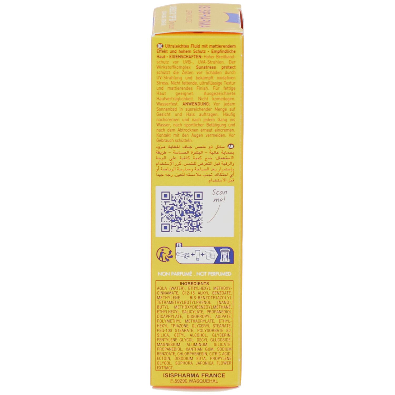 Dos de la boîte ISISPHARMA Uveblock SPF 30. Texte multilingue, code QR, ingrédients.