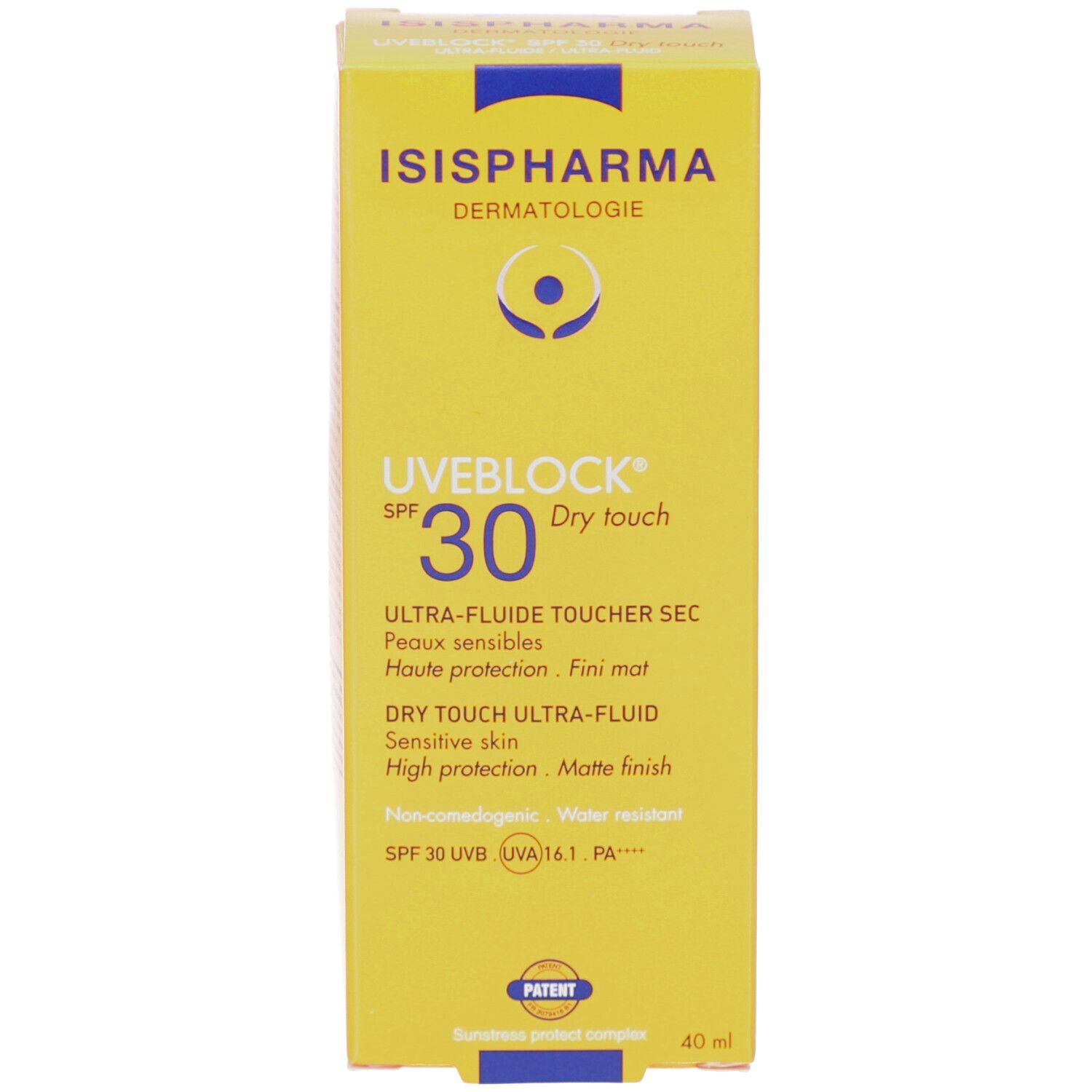 Face avant de la boîte ISISPHARMA Uveblock SPF 30. Jaune, texte: Dry touch, Ultra-fluide, SPF 30.