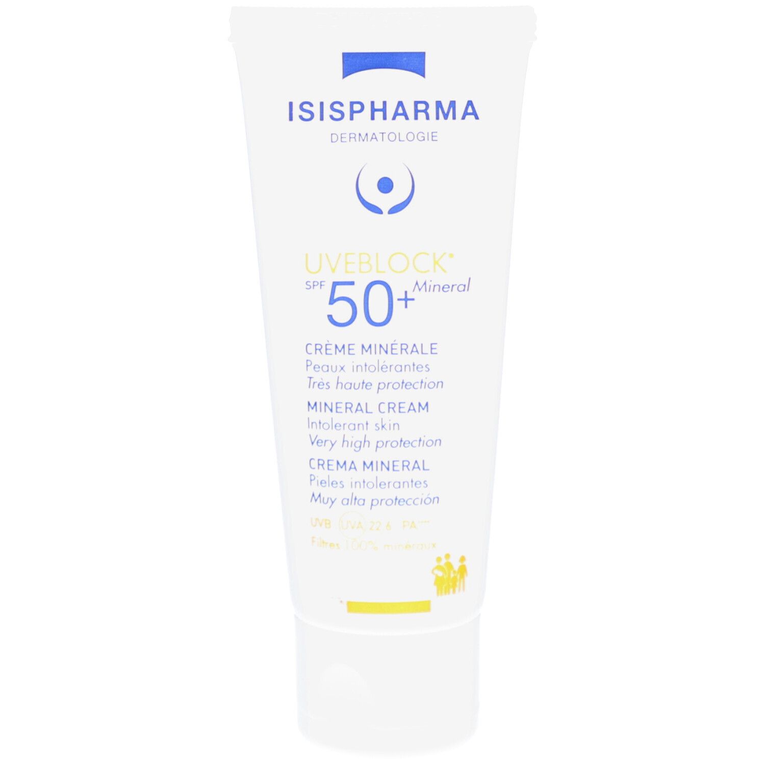 Tube blanc ISISPHARMA UVEBLOCK SPF 50+ Mineral. Texte multilingue. Crème minérale. Bouchon à vis.