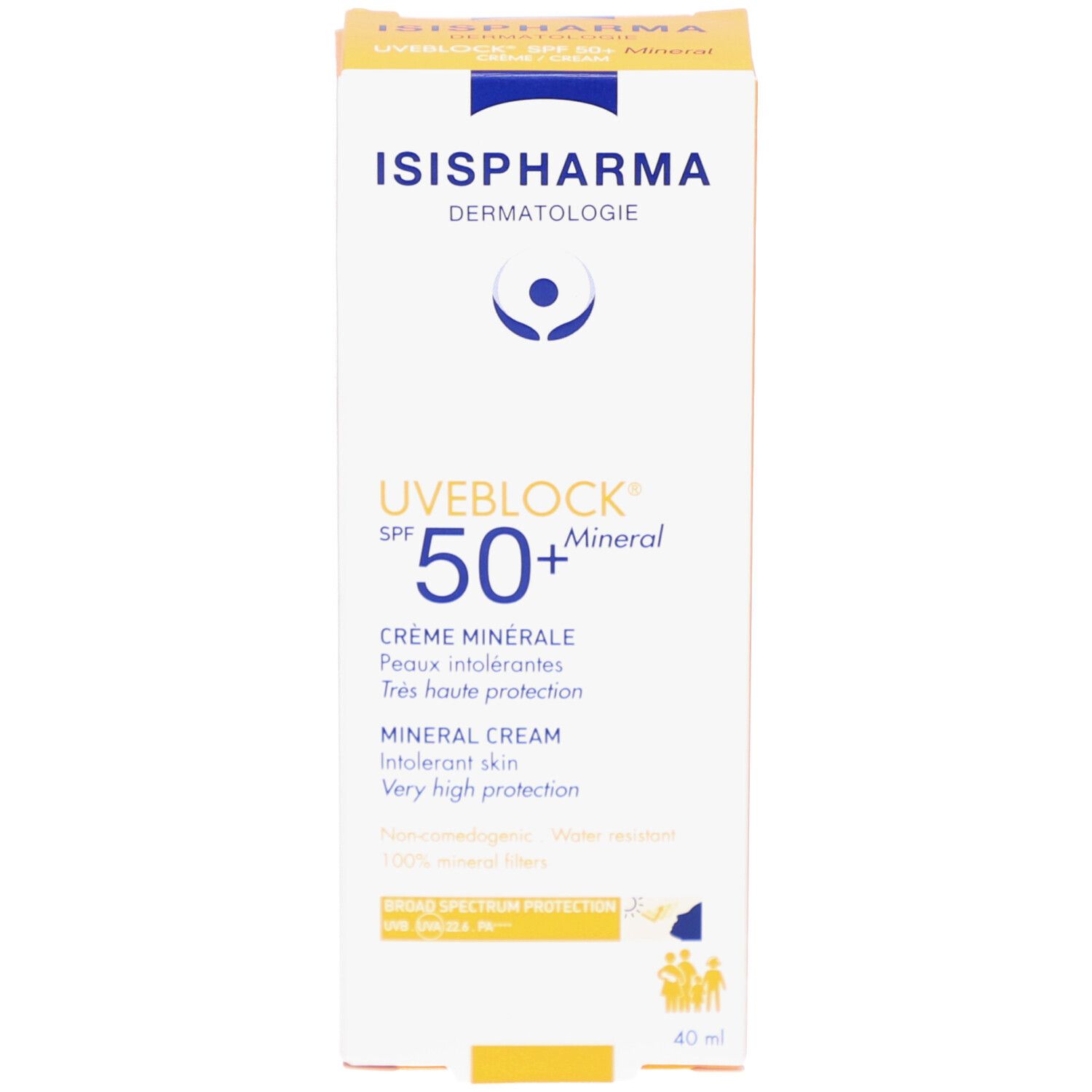Boîte jaune ISISPHARMA UVEBLOCK SPF 50+ Mineral. Texte multilingue. 40 ml.