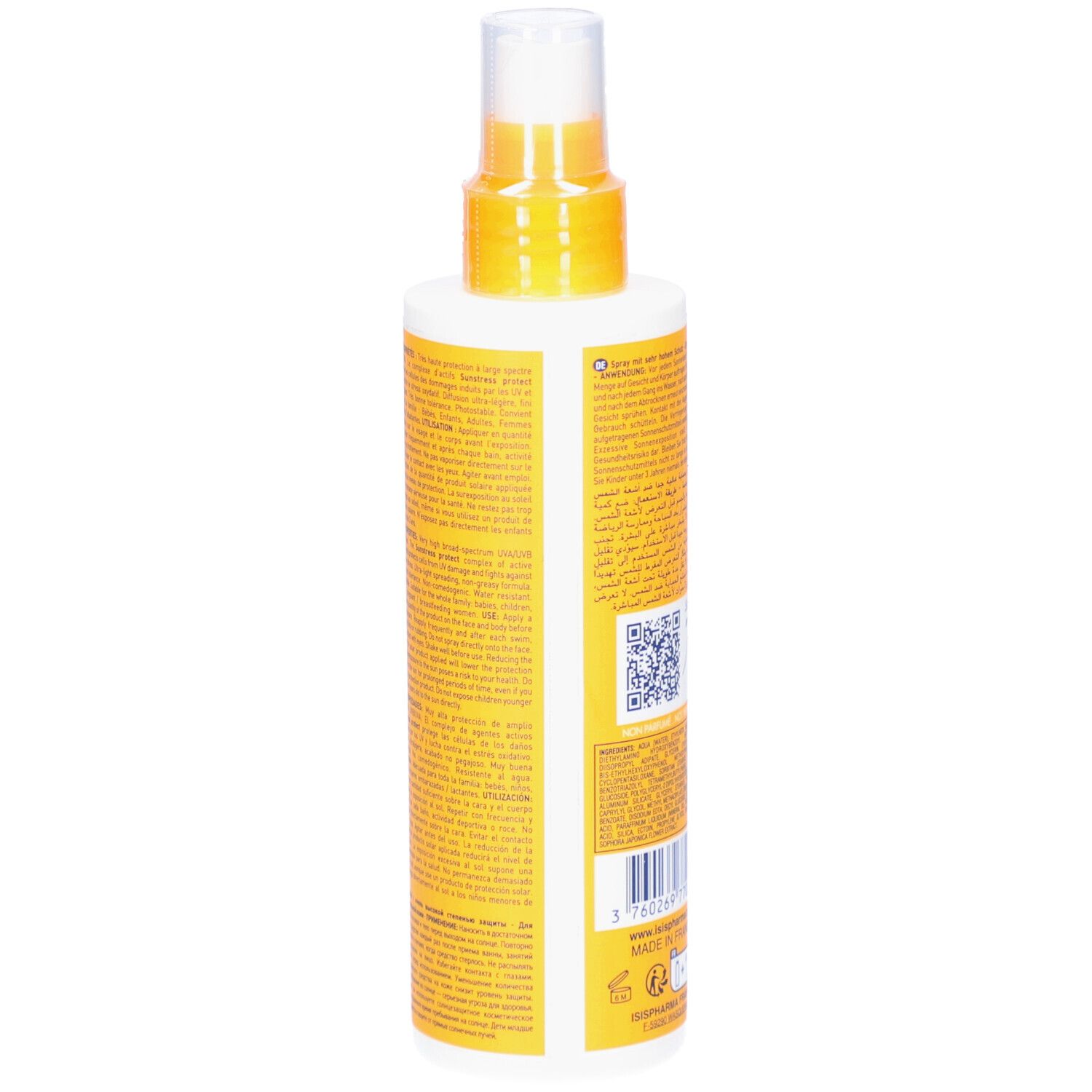 Dos du flacon de spray solaire. Texte multilingue. Code QR et code-barres.