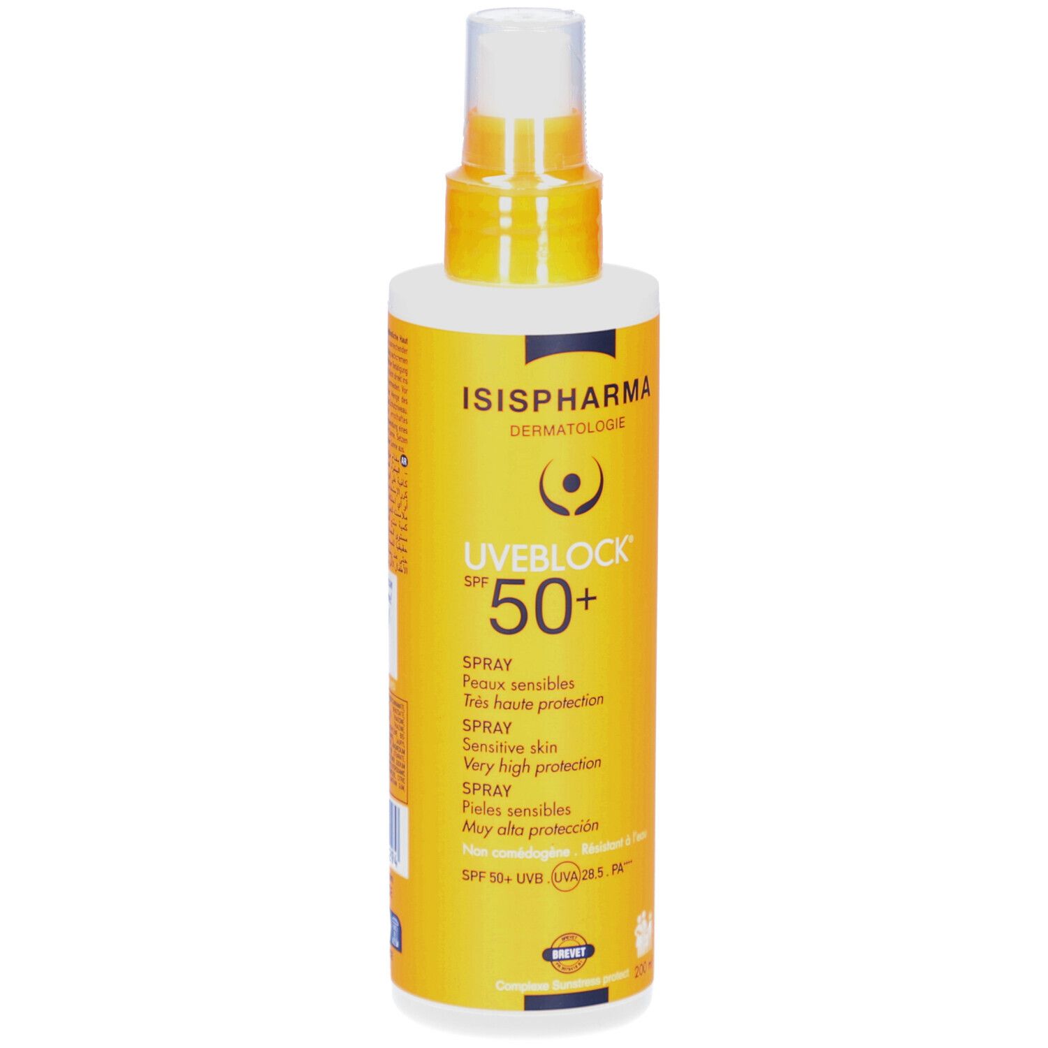 Spray solaire Uveblock SPF 50+ d'ISISPHARMA. Flacon jaune avec vaporisateur. Texte multilingue.