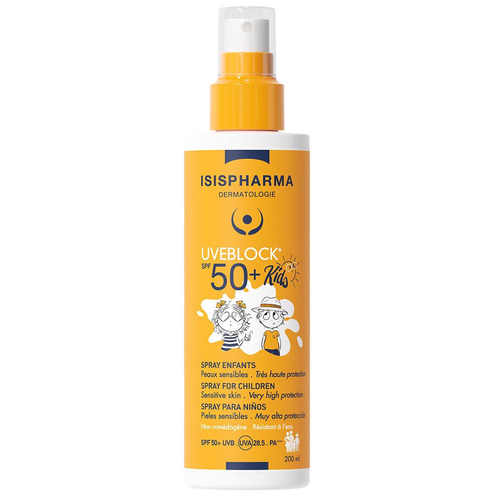 Spray solaire pour enfants. Flacon jaune et blanc avec Uveblock SPF 50+ Kids. Contient 200 ml.
