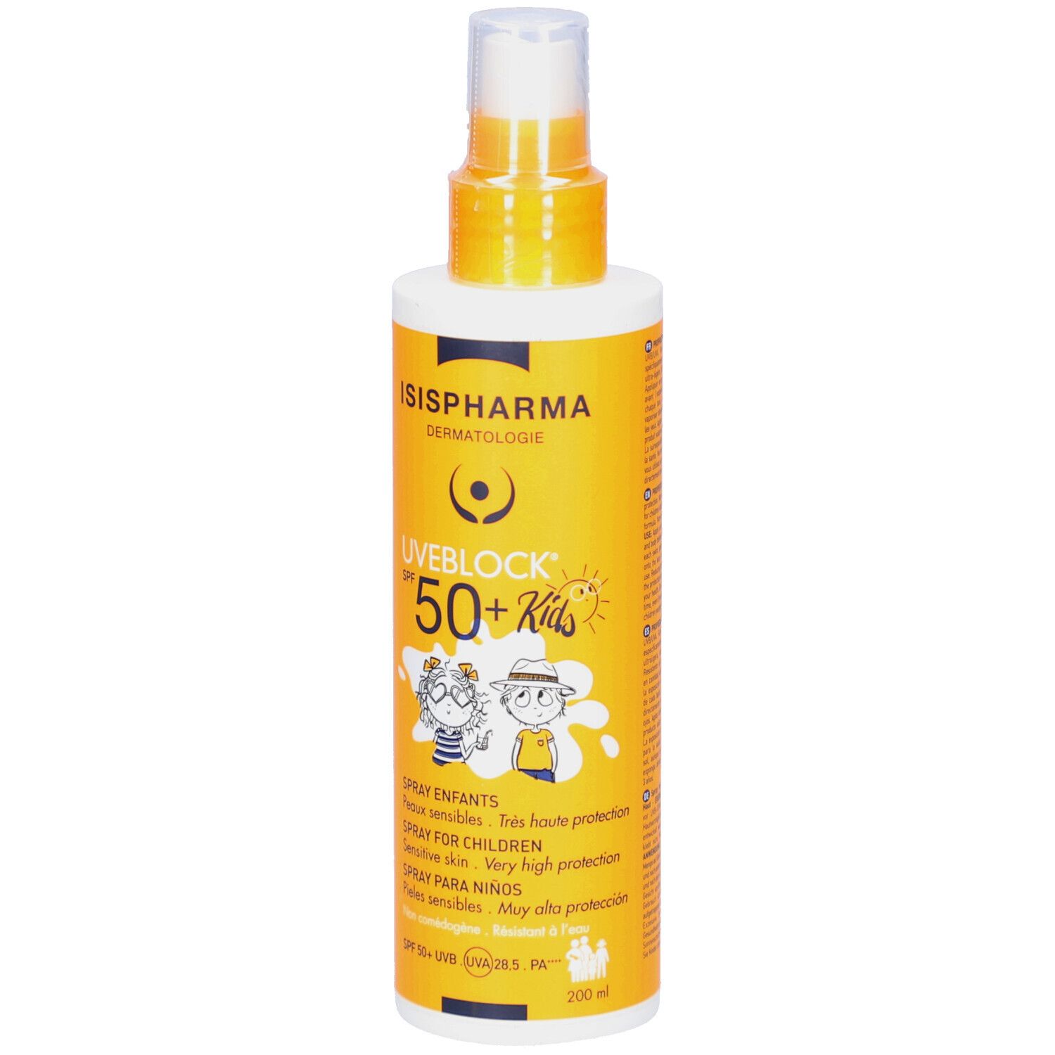 Spray solaire pour enfants. Flacon jaune et blanc avec Uveblock SPF 50+ Kids. Contient 200 ml.