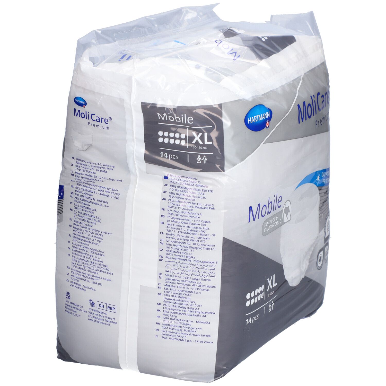 Paquet Hartmann MoliCare Premium Mobile. XL, 14 pièces. Informations sur le produit et logos. Produit d'incontinence.