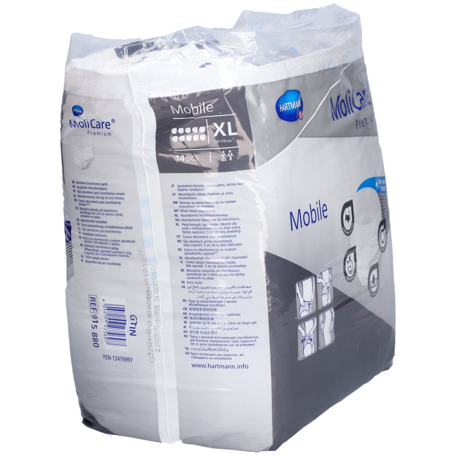 Paquet Hartmann MoliCare Premium Mobile. XL, 14 pièces. Informations et logos. Produit d'incontinence.