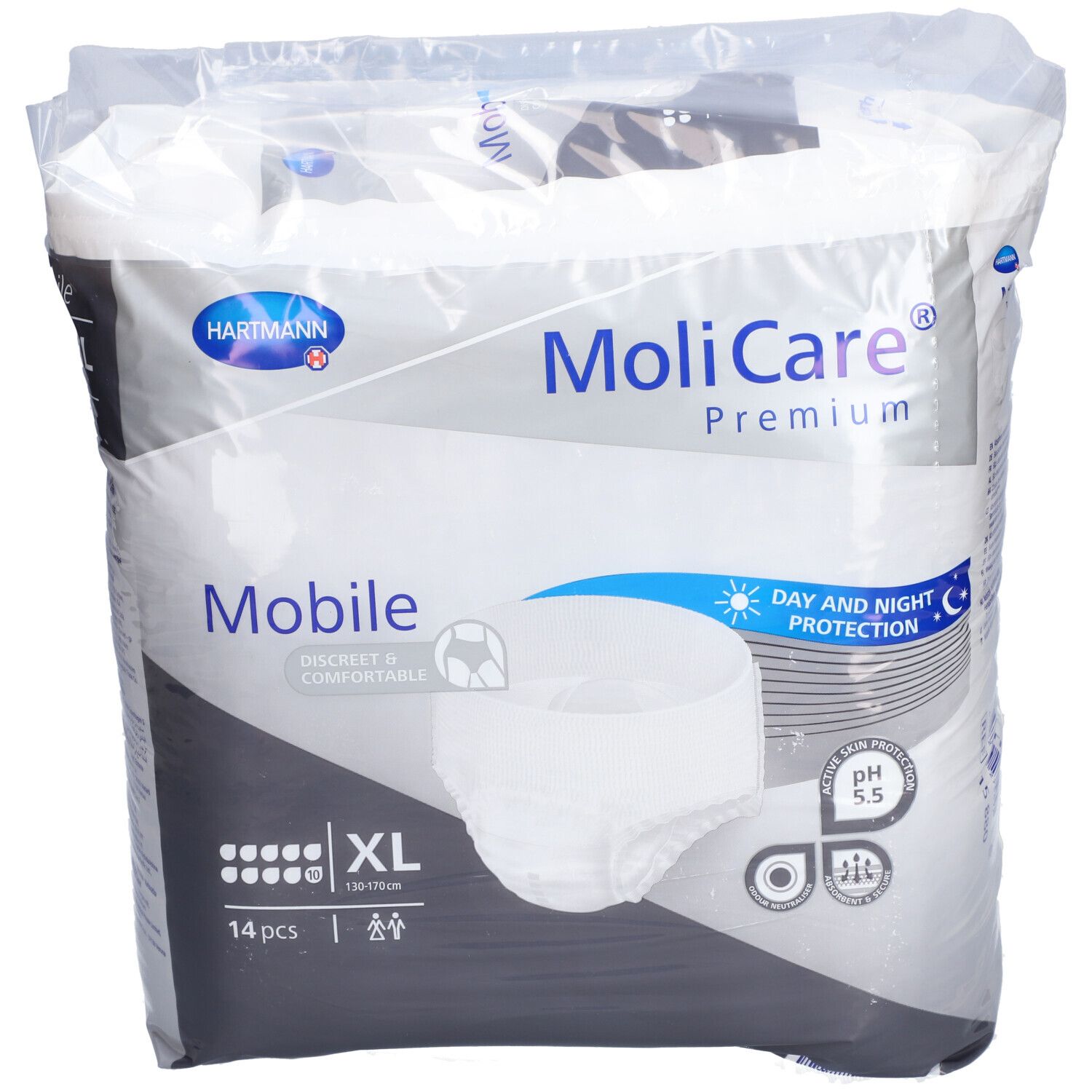 Paquet Hartmann MoliCare Premium Mobile. XL, 14 pièces. Protection jour et nuit. pH 5,5. Produit d'incontinence.